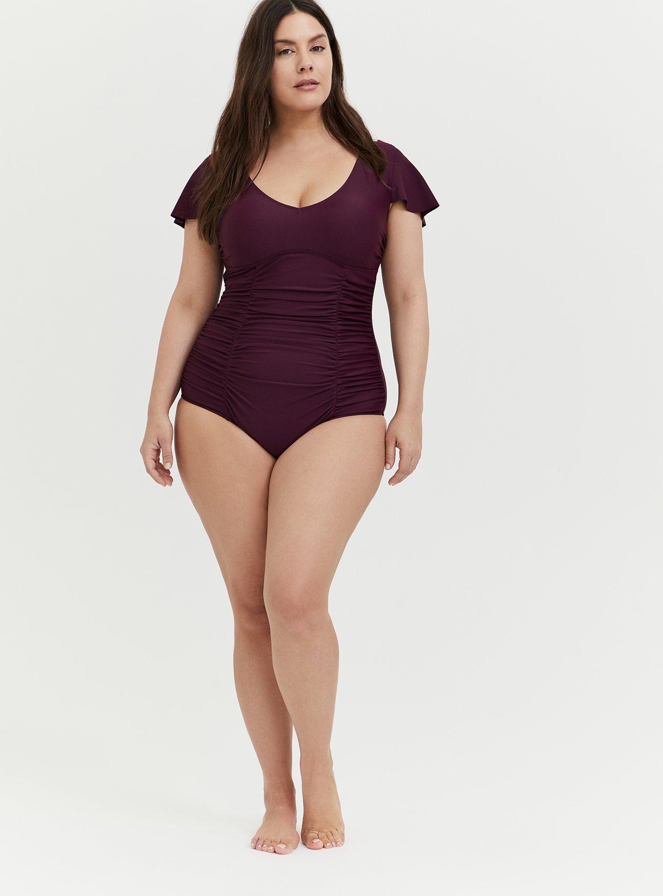 Plus Size - Grape Purple Wireless Flutter Sleeve One-Piece Swimsuit - Torrid