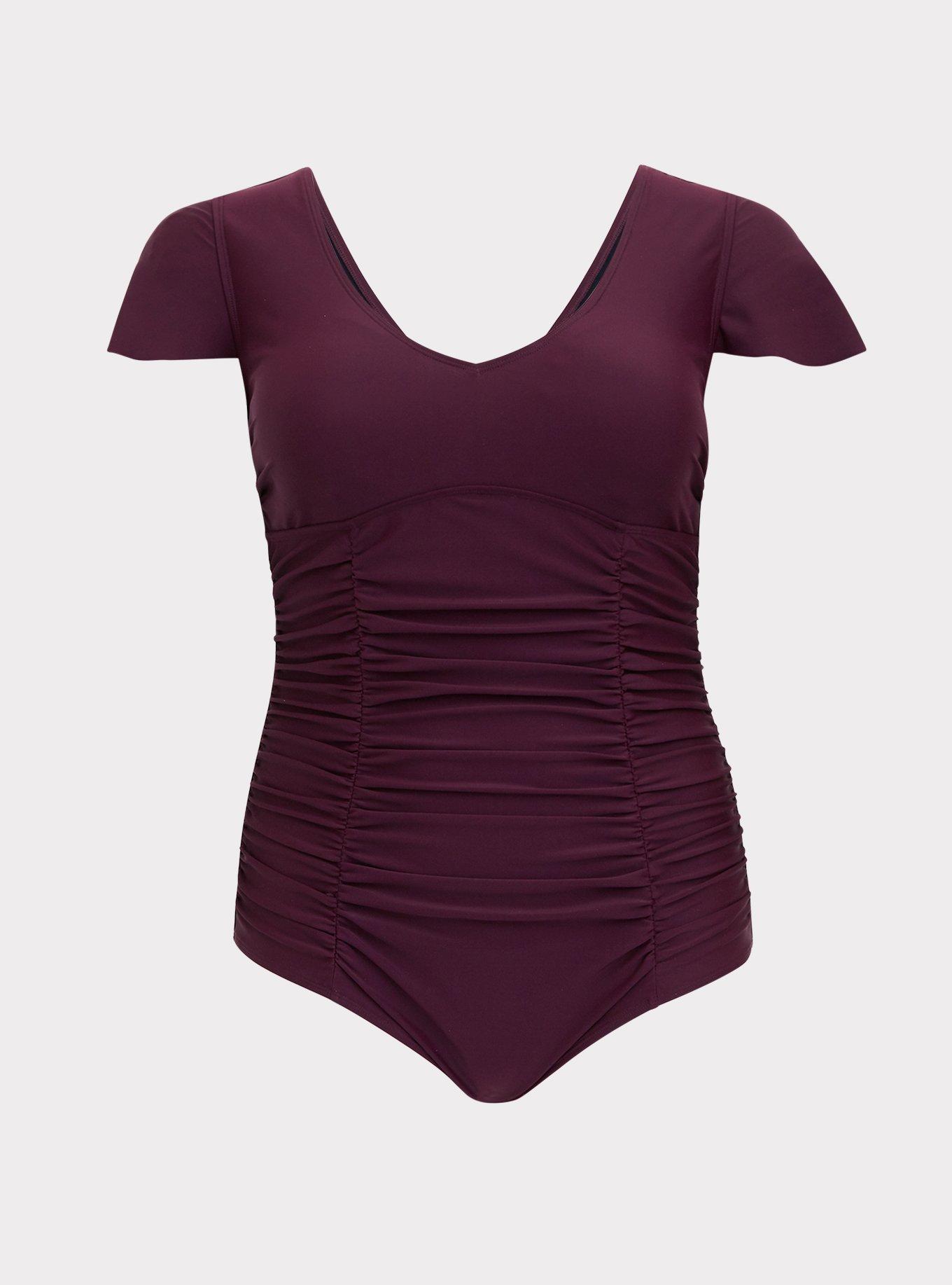 Grape Purple Wireless Flutter Sleeve One-Piece Swimsuit , , hi-res