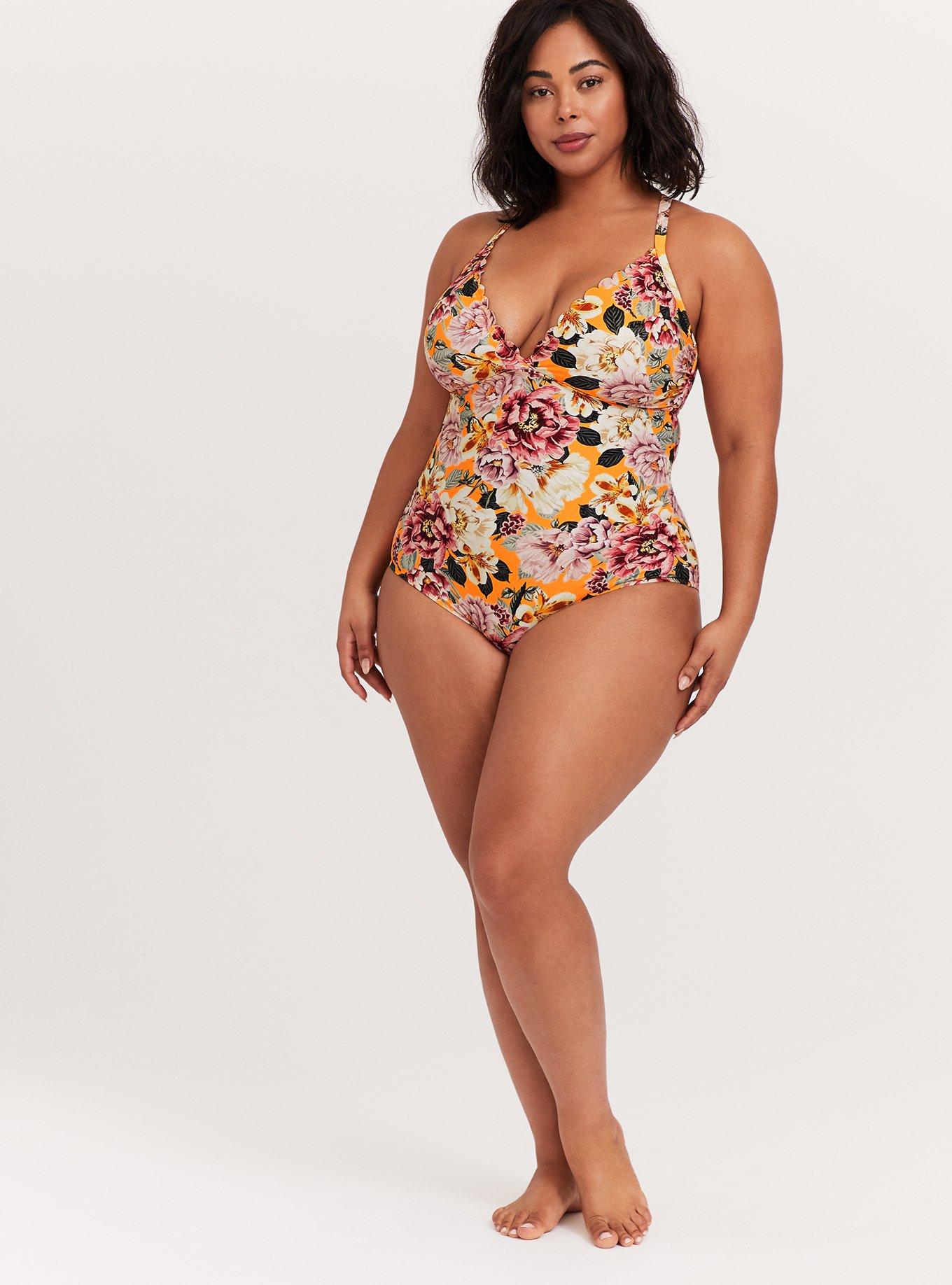 Plus Size Neon Orange Floral Scallop Wireless One Piece Swimsuit