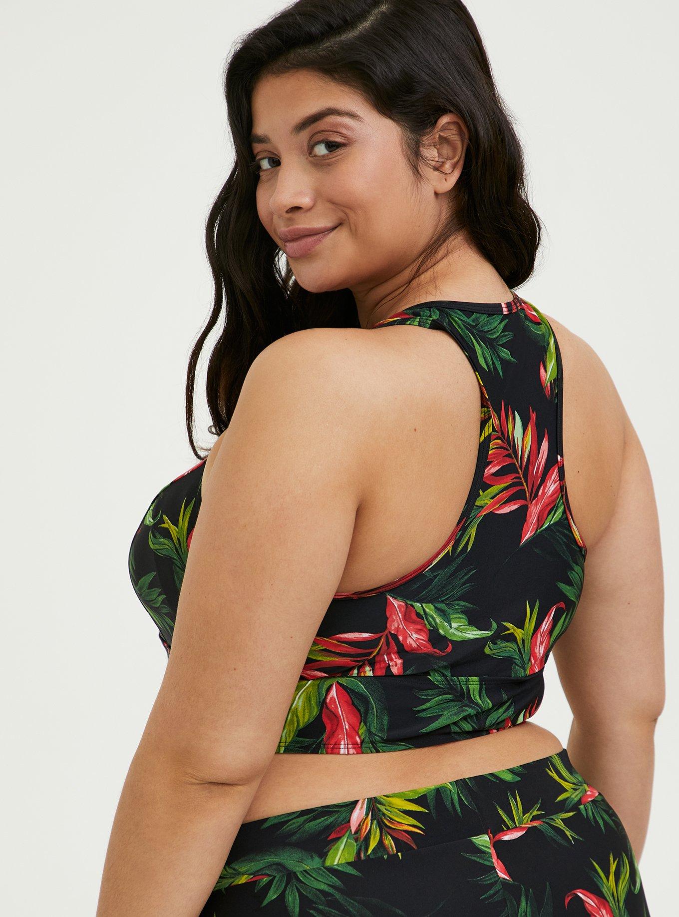 Black Tropical Print Wireless Swim Top, TROPICAL, alternate