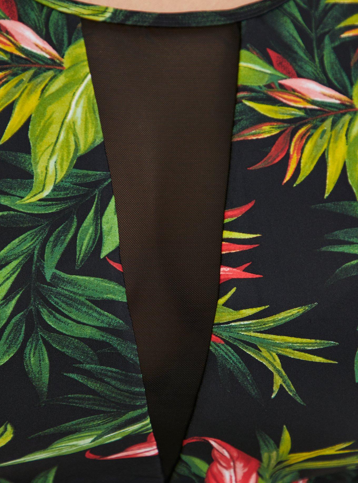 Black Tropical Print Wireless Swim Top, TROPICAL, alternate
