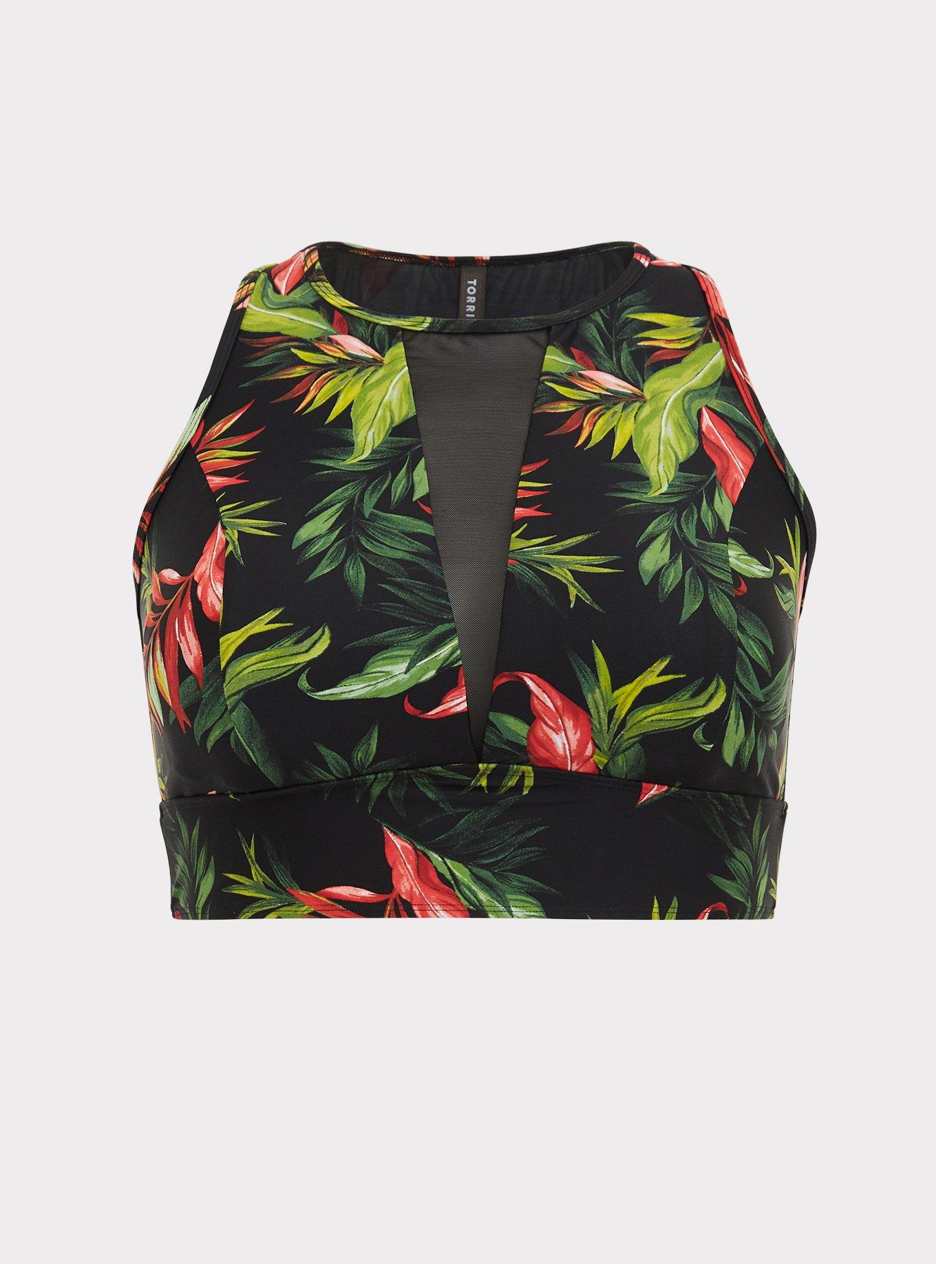 Black Tropical Print Wireless Swim Top, TROPICAL, hi-res