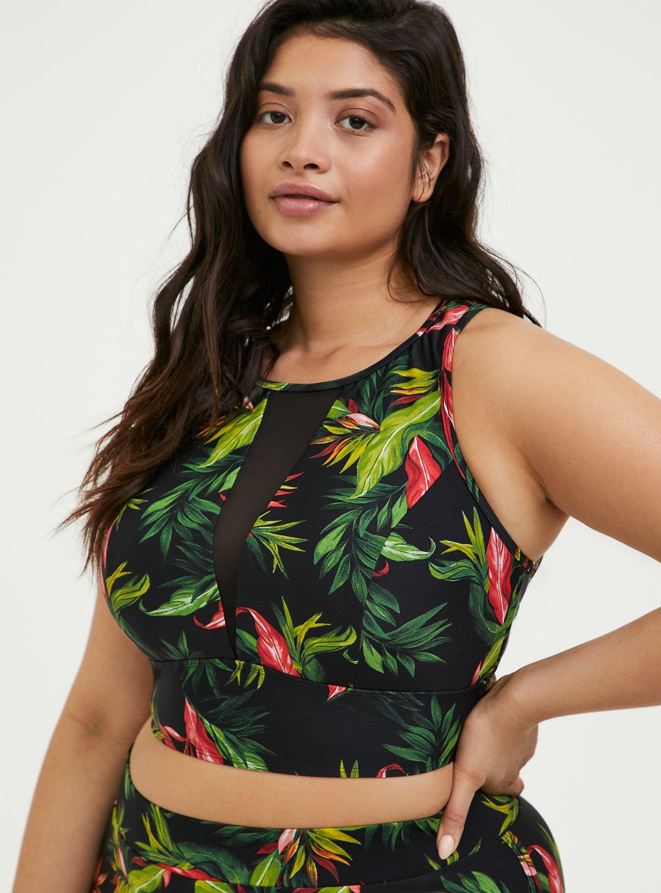 Black Tropical Print Wireless Swim Top, TROPICAL, hi-res