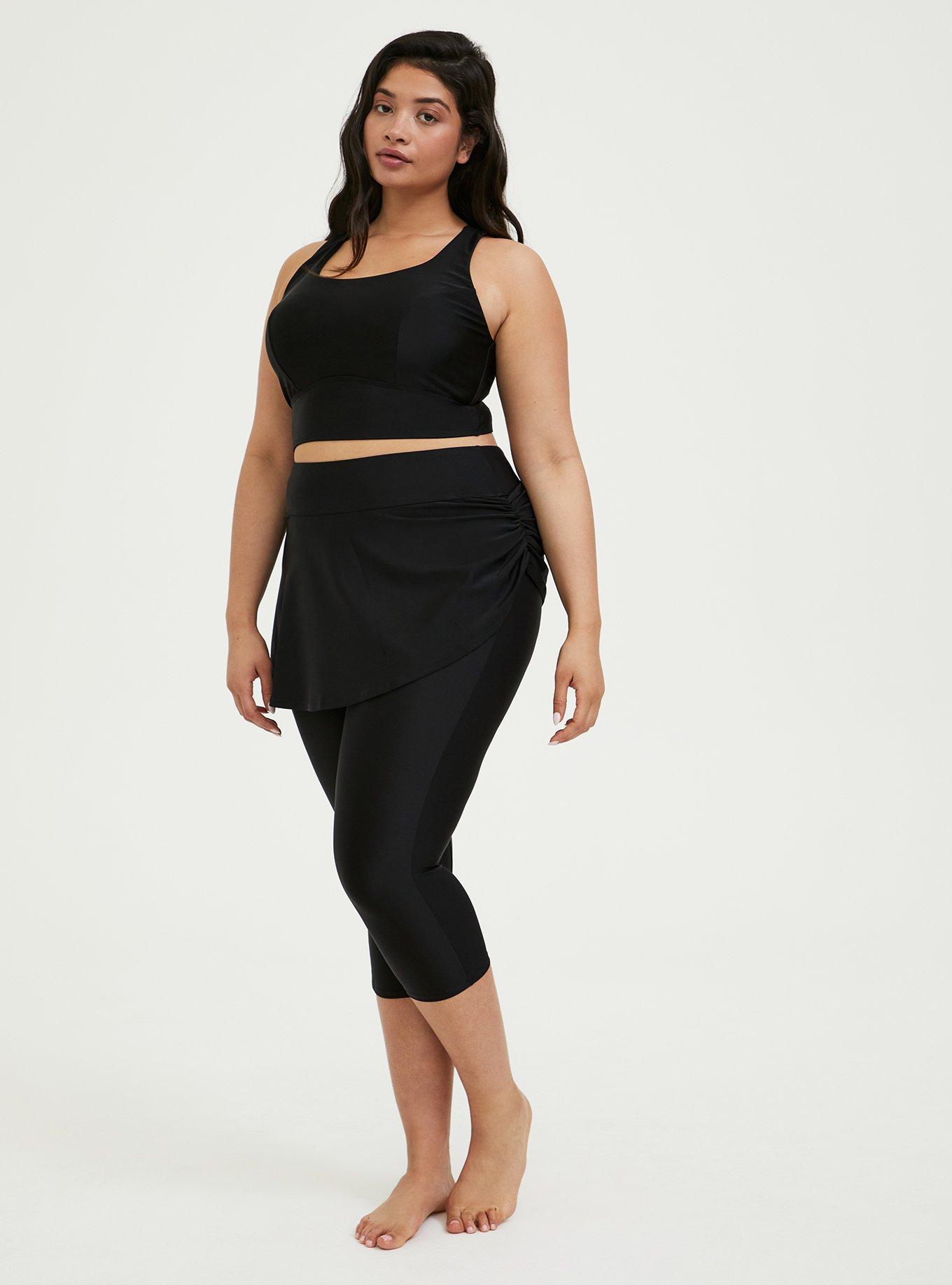 Plus Size - Black Ruched Skirt Overlay Capri Swim Legging - Torrid