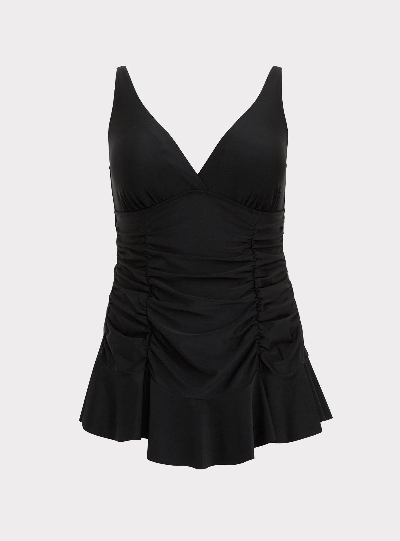 Plus Size - Black Ruffle Hem Wireless One-Piece Swim Dress - Torrid