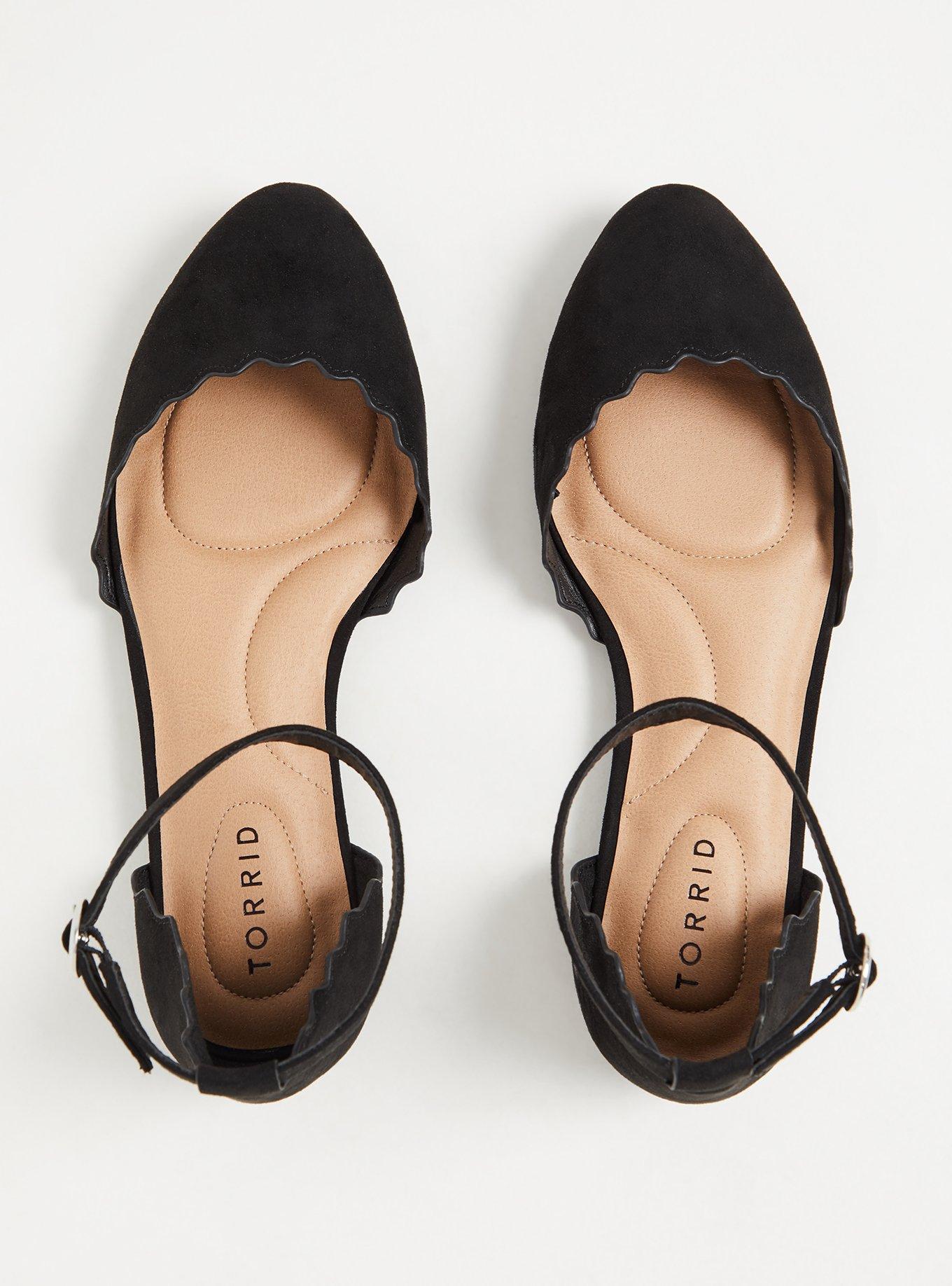 Plus Size Ankle Strap Scalloped Flat (WW), BLACK, alternate