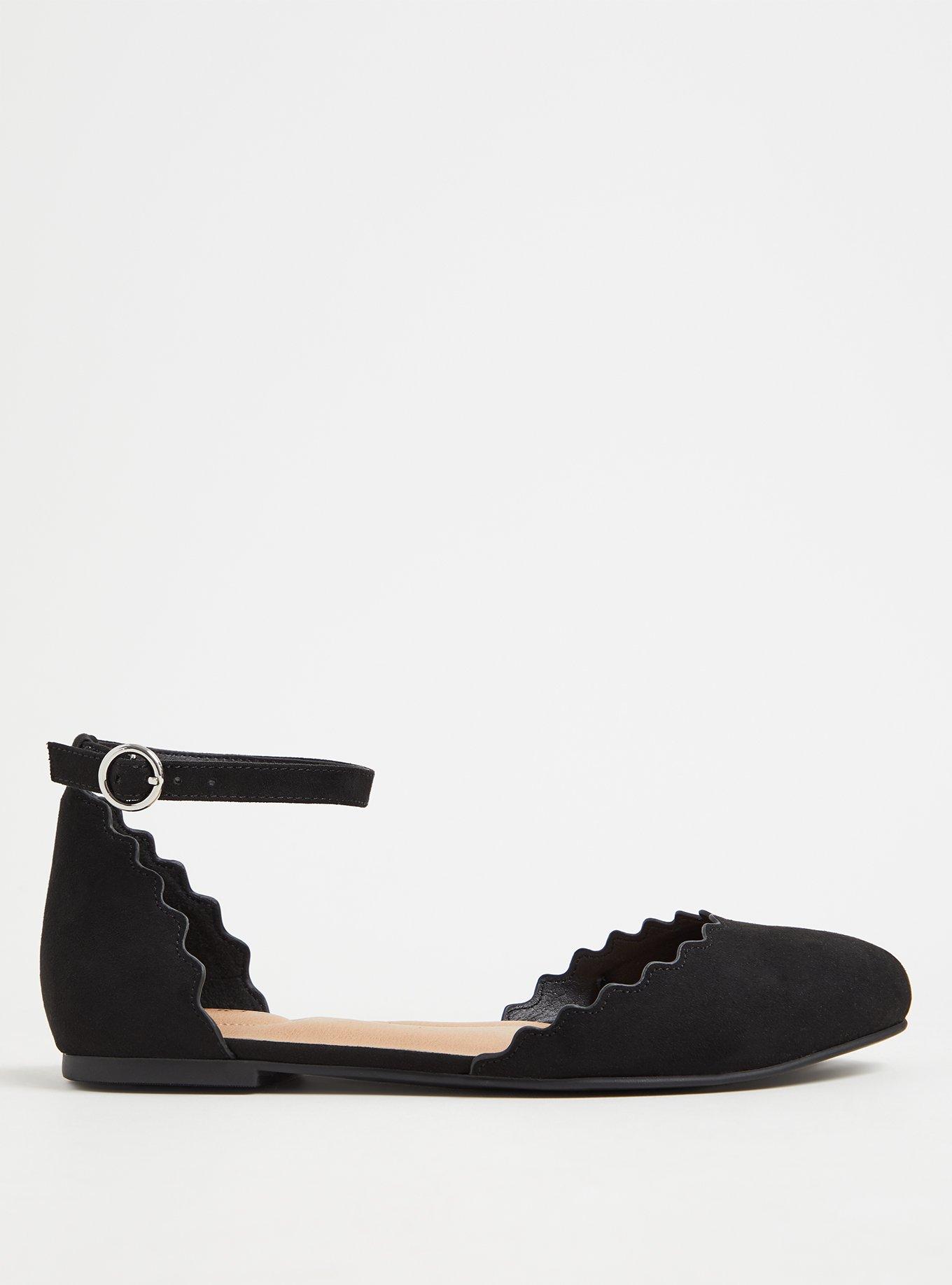 Plus Size Ankle Strap Scalloped Flat (WW), BLACK, alternate