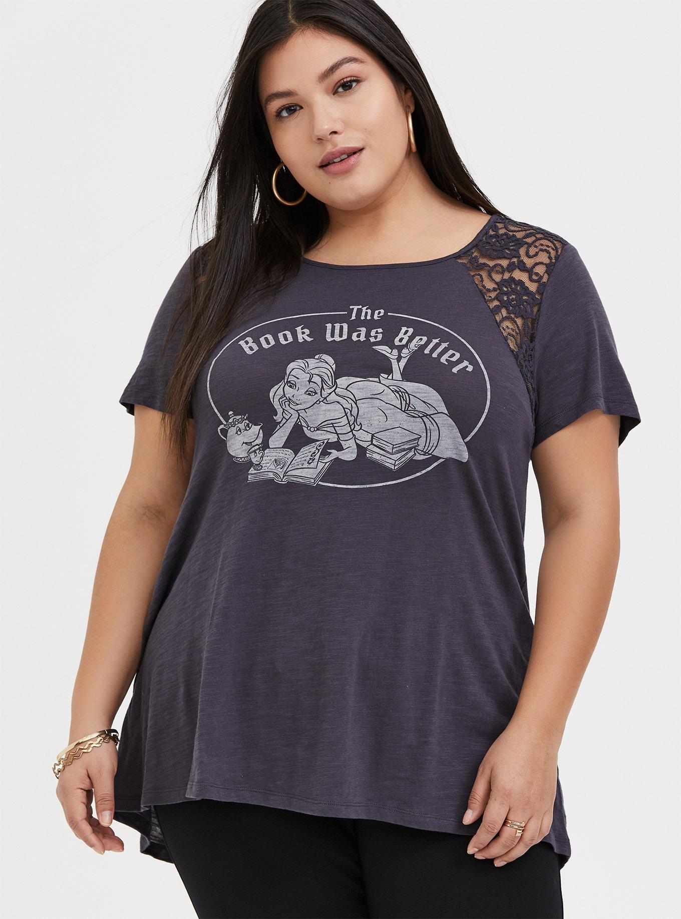 Plus Size Disney Beauty and the Beast The Book Dark Slate Grey Lace Inset Swing Top, NINE IRON, alternate