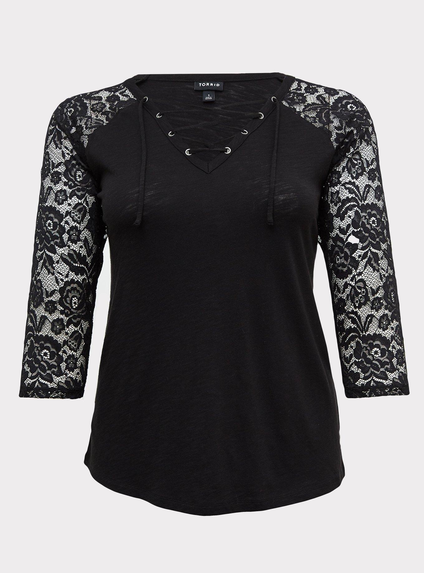 TORRID WOMEN'S BLACK 3/4 LACE RAGLAN SLEEVE HI-LO TOP