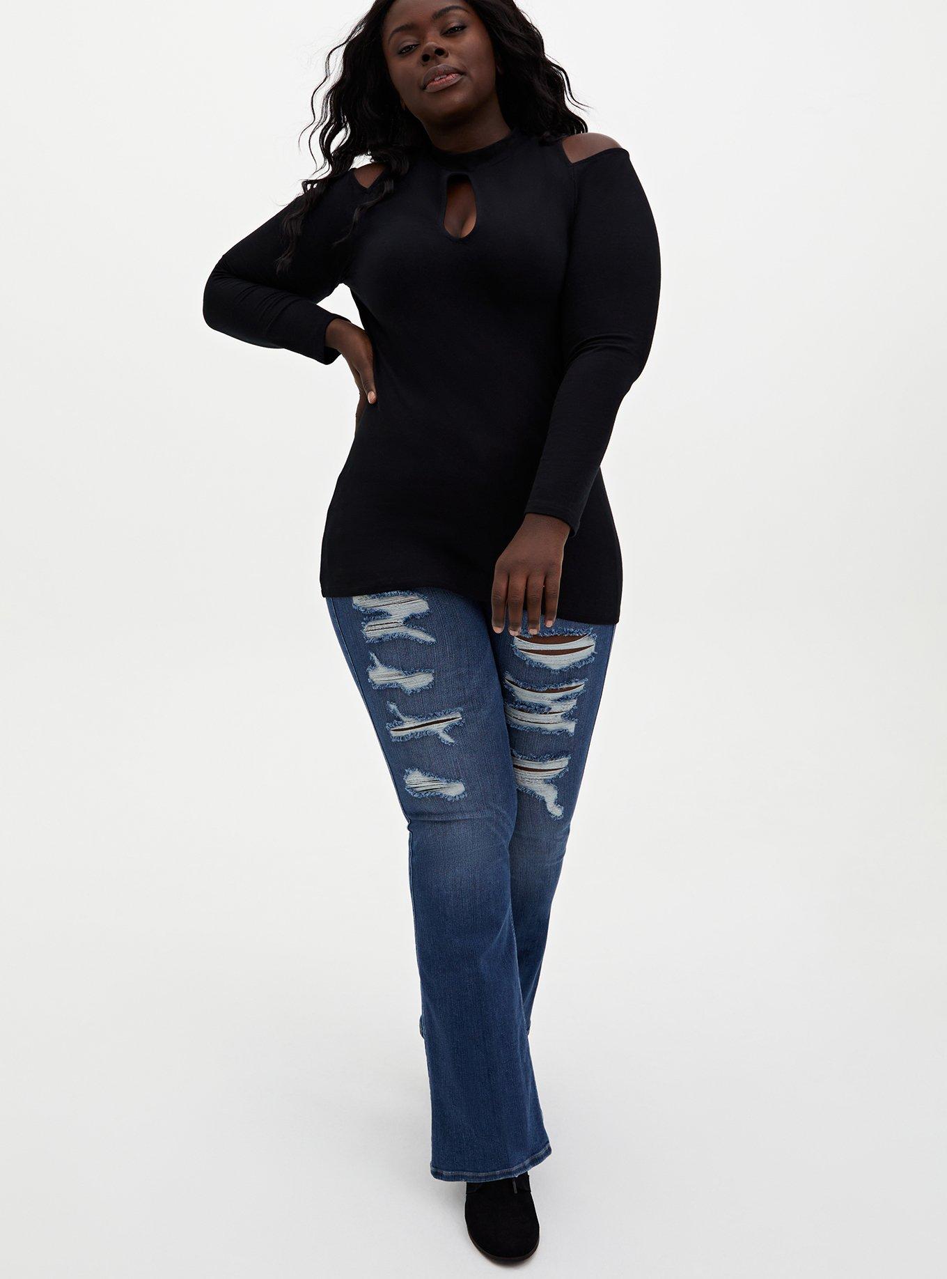 Plus Size Foxy Cold Shoulder Long Sleeve Top, DEEP BLACK, alternate