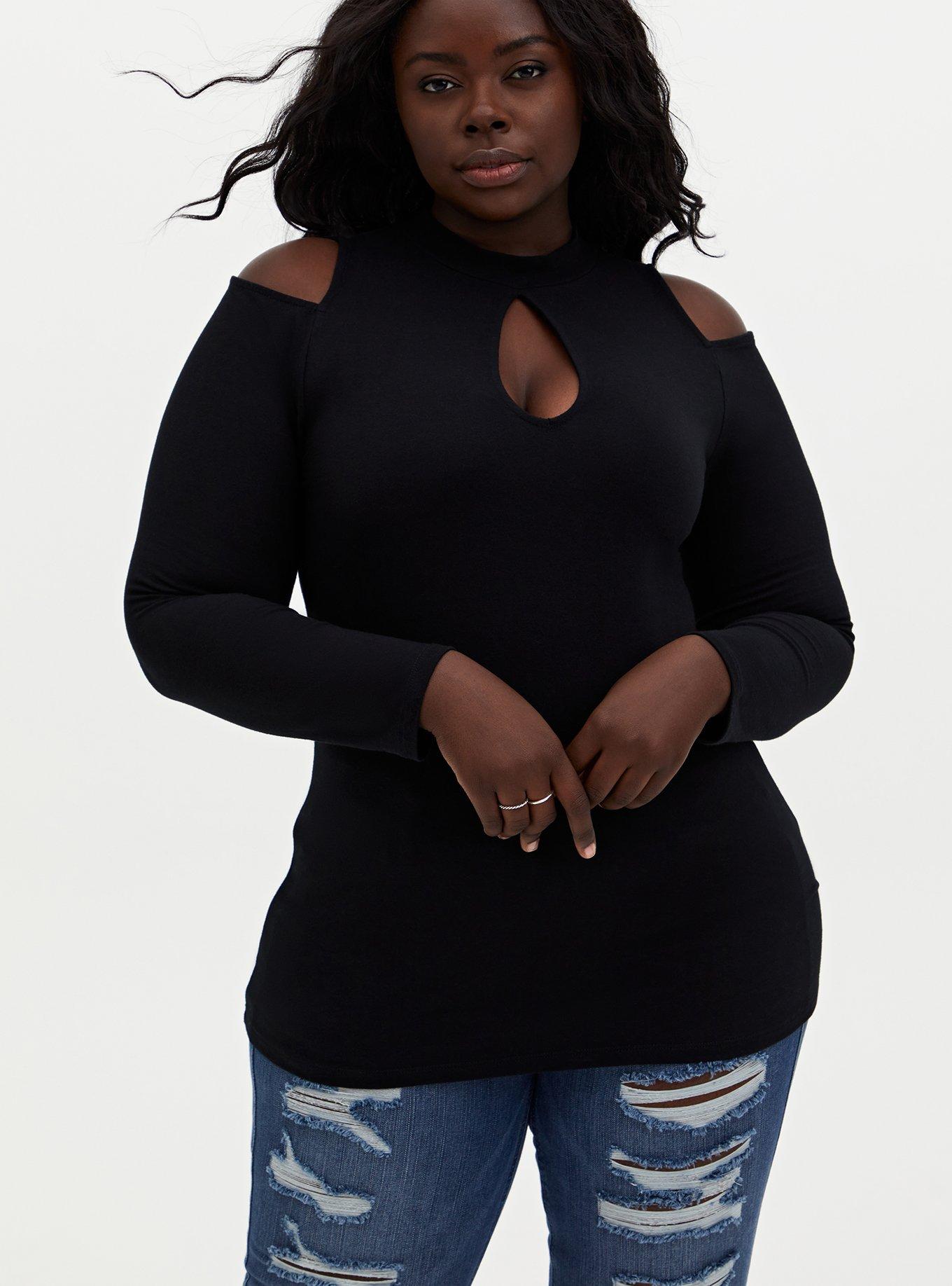 Plus Size Foxy Cold Shoulder Long Sleeve Top, DEEP BLACK, alternate