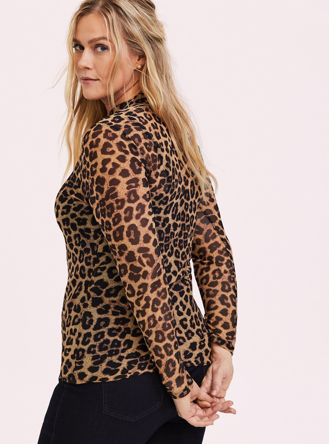 Plus Size Mesh Mock Neck Long Sleeve Top, LEOPARD, alternate