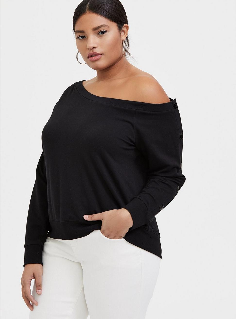 Plus Size - Black Terry Snap-Button Sleeve Off Shoulder Sweatshirt - Torrid