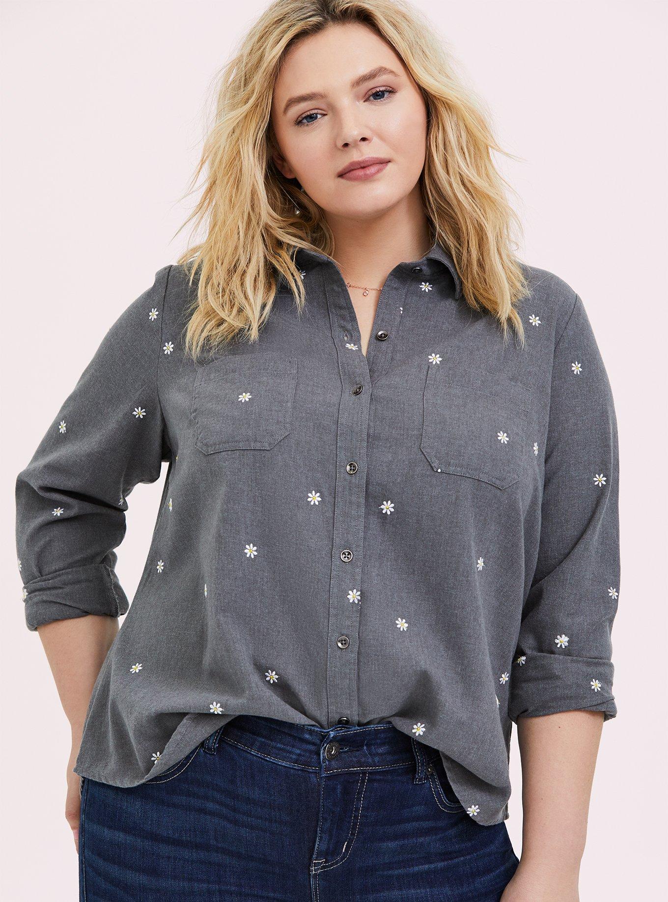 Plus Size - Taylor Cotton Embroidered Button-Front Shirt - Torrid