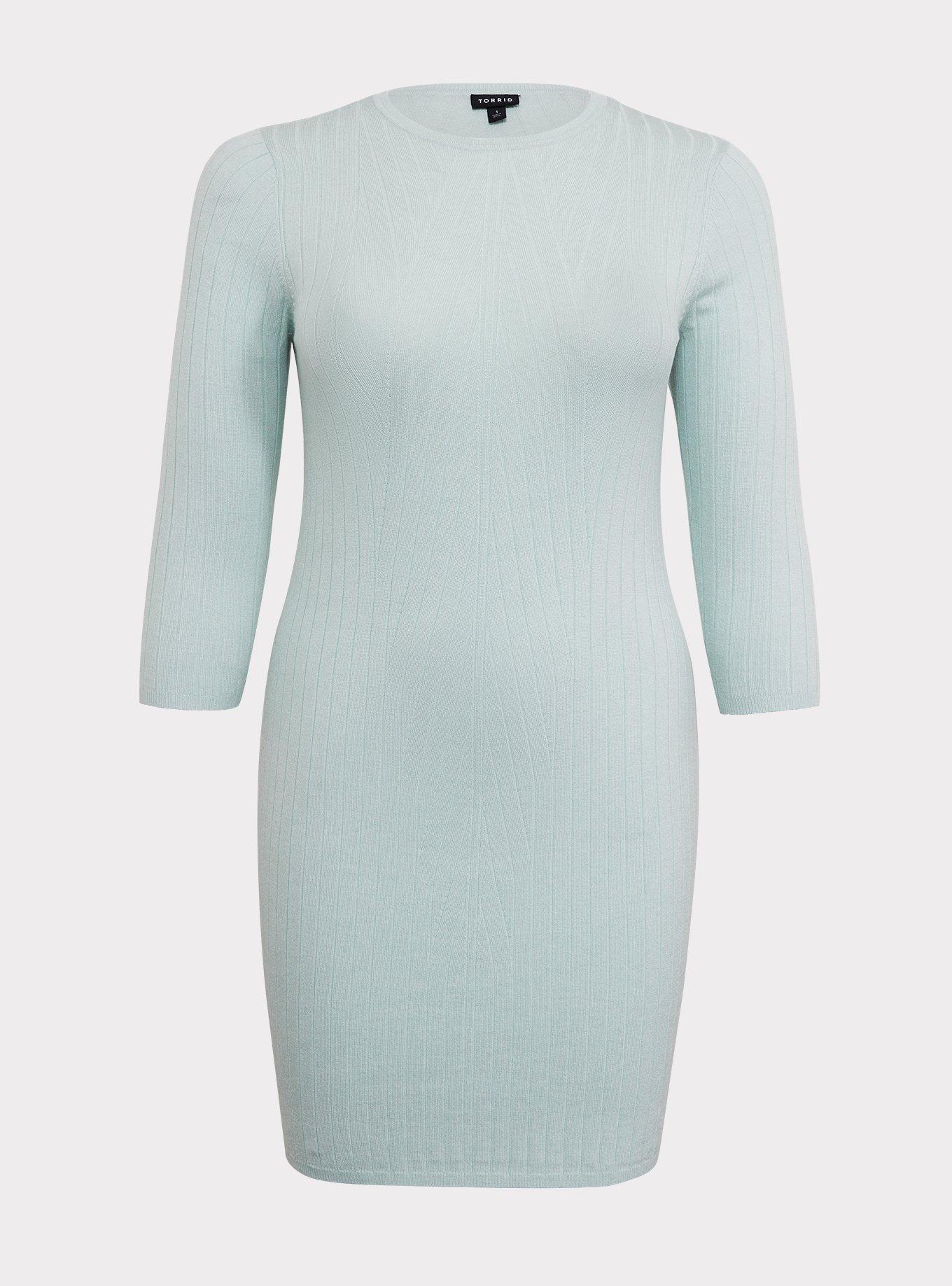 Plus Size Mint Blue Textured Sweater-Knit Bodycon Dress, , hi-res