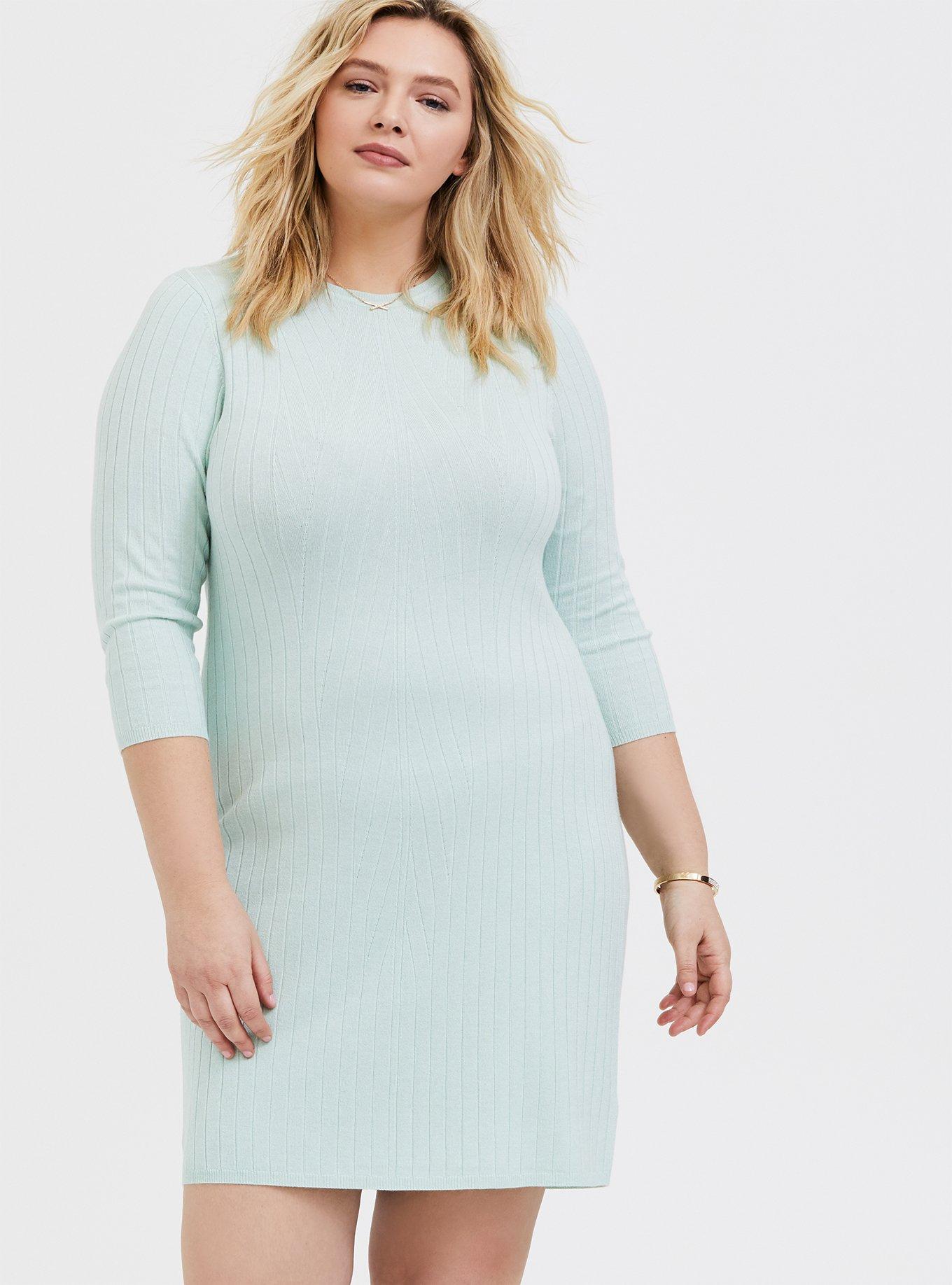 Plus Size Mint Blue Textured Sweater-Knit Bodycon Dress, , hi-res