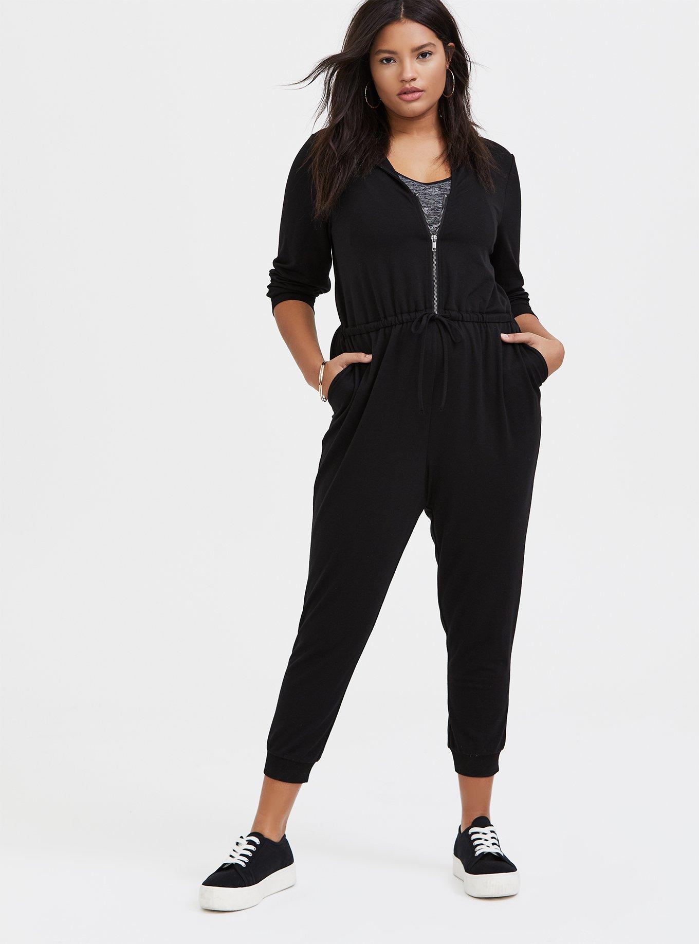 Plus Size - Black Terry Zip Front Hooded Jumpsuit - Torrid