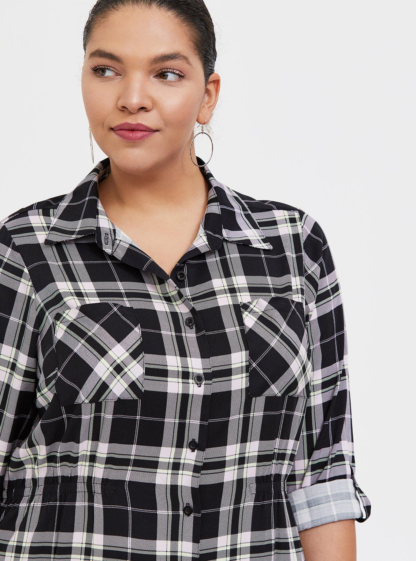 Plus Size - Black & Lime Green Plaid Challis Button Front Midi Shirt Dress  - Torrid