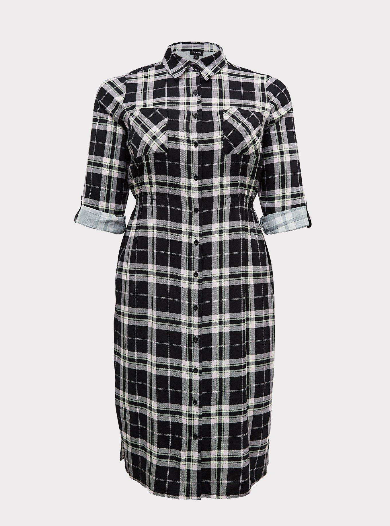 Plus Size - Black & Lime Green Plaid Challis Button Front Midi Shirt Dress  - Torrid