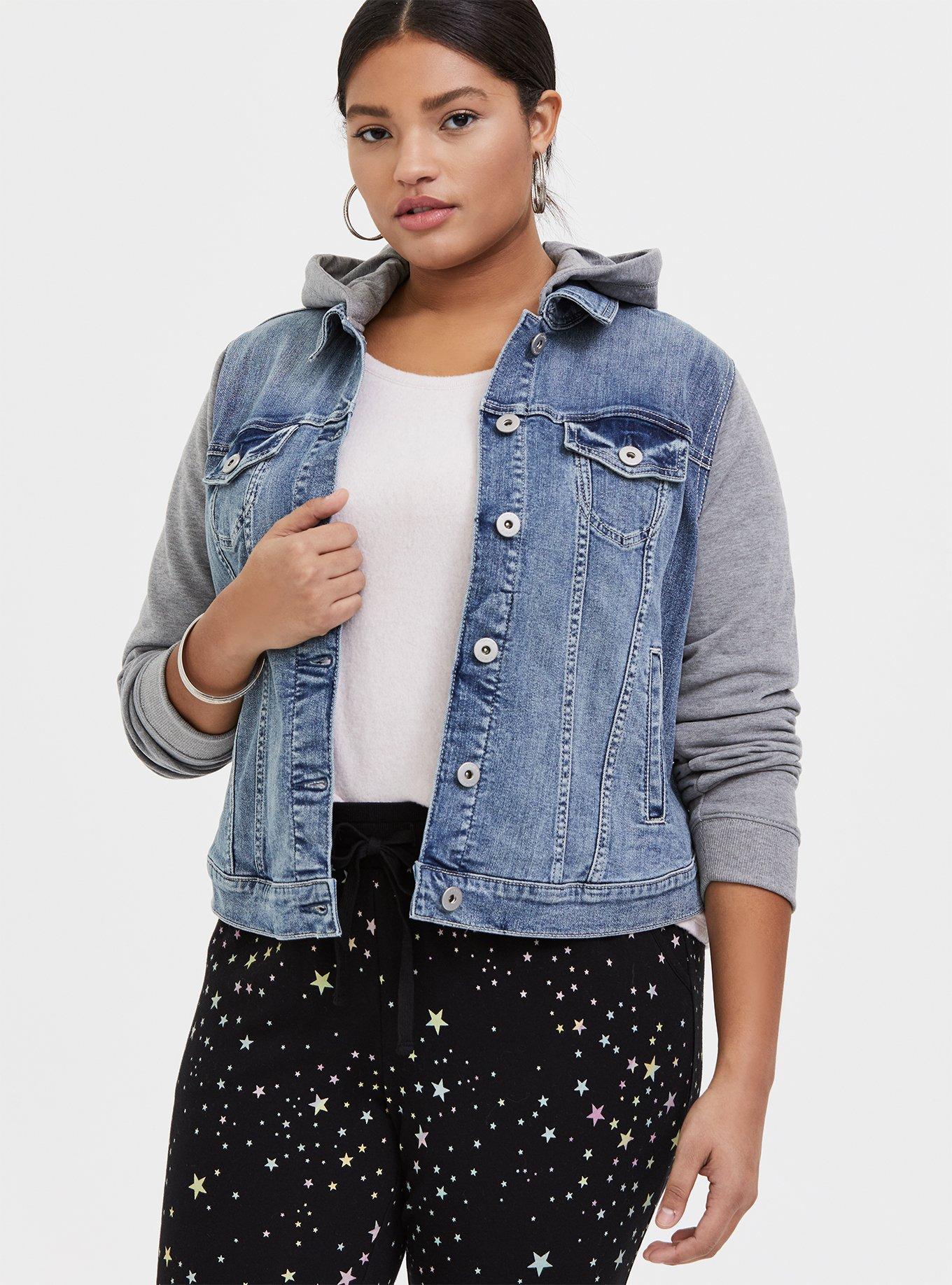 Plus size denim jacket with hood sale