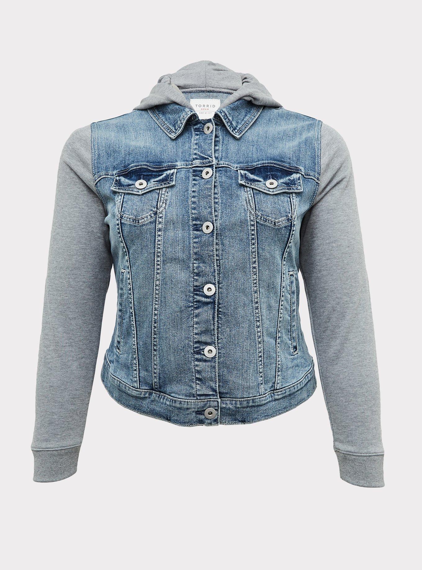 Denim & Terry Hooded Crop Trucker Jacket, , hi-res