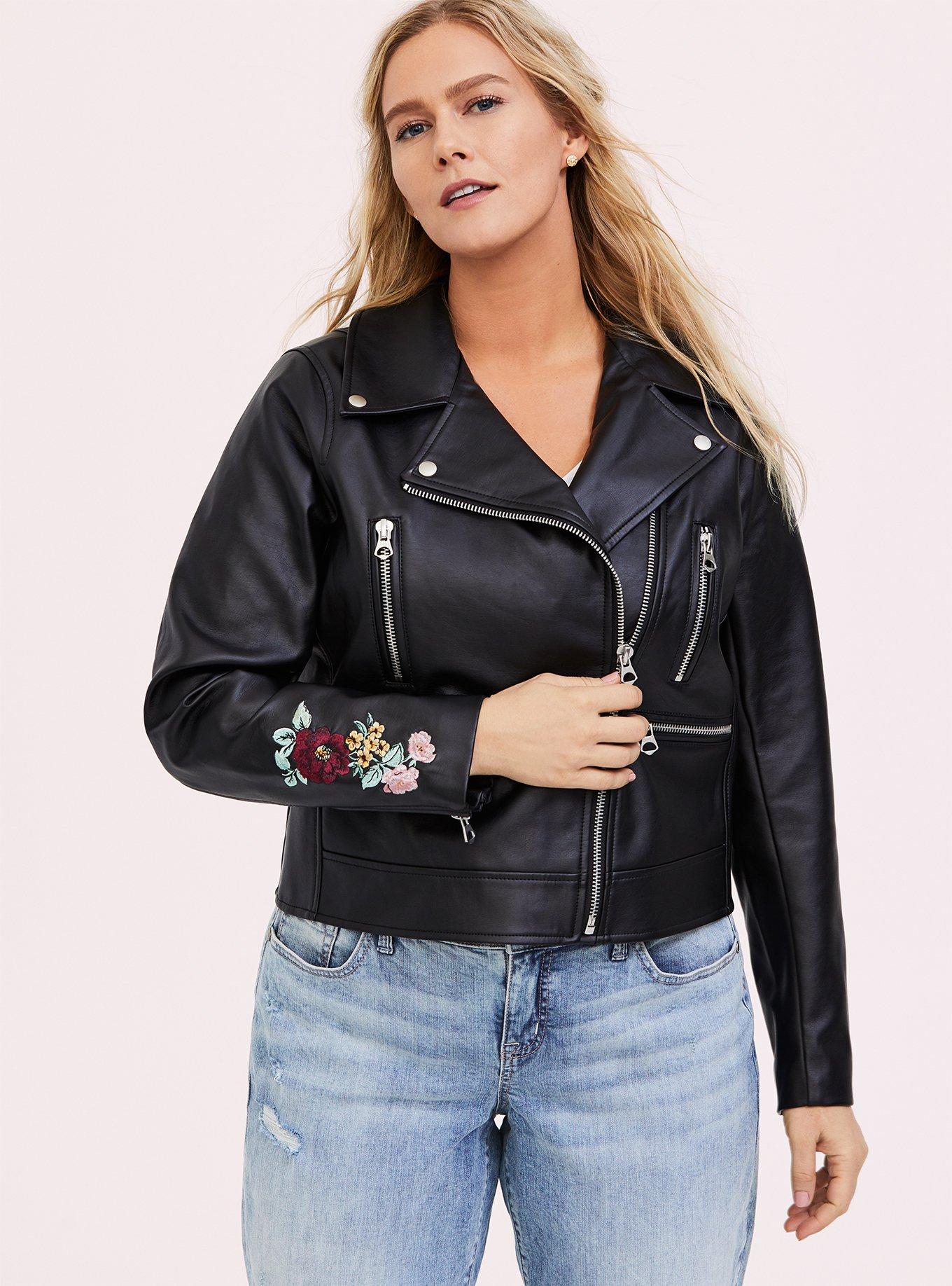 Plus Size - Black Faux Leather Embroidered Moto Jacket - Torrid