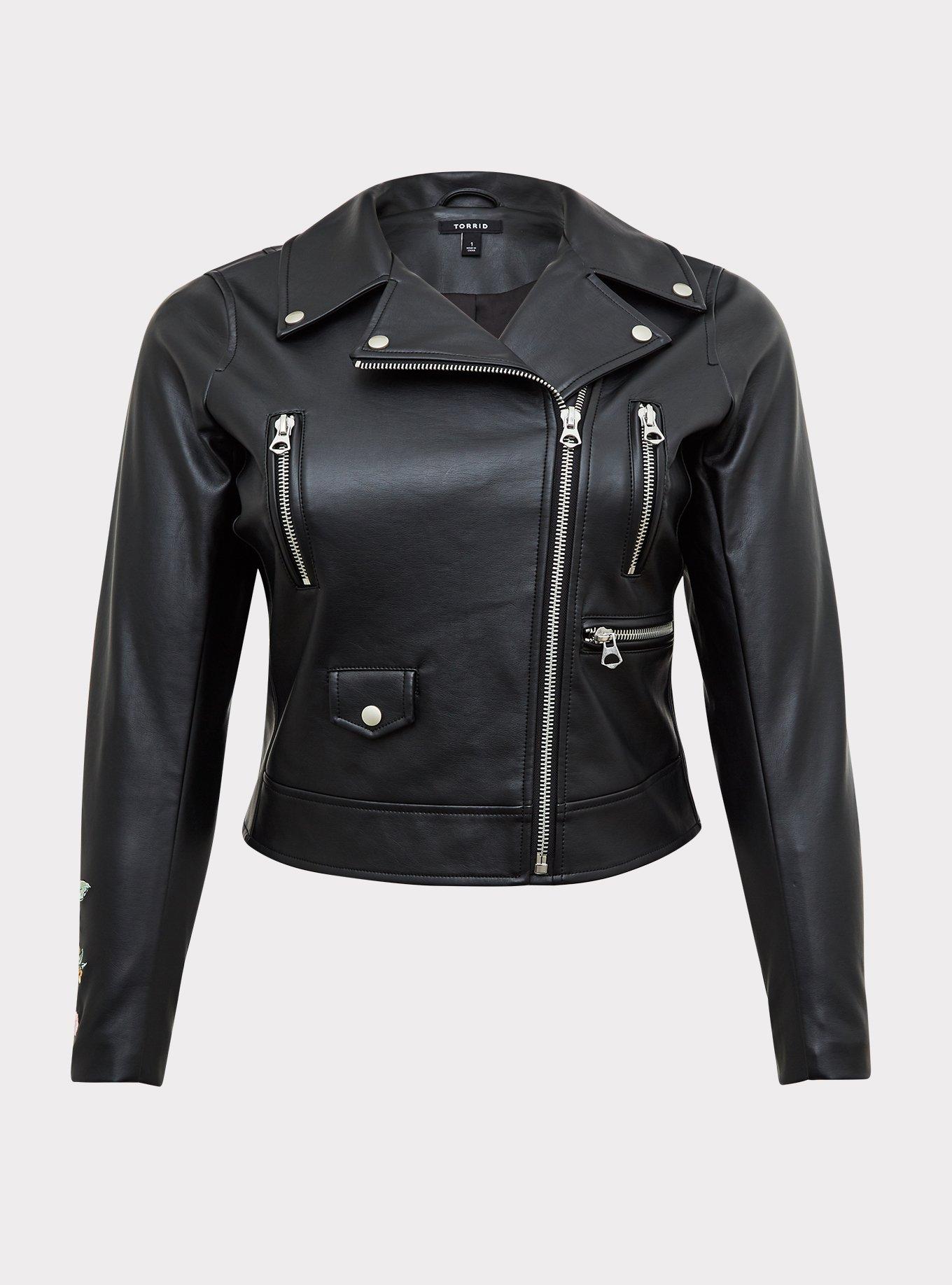 Plus Size - Black Faux Leather Embroidered Moto Jacket - Torrid