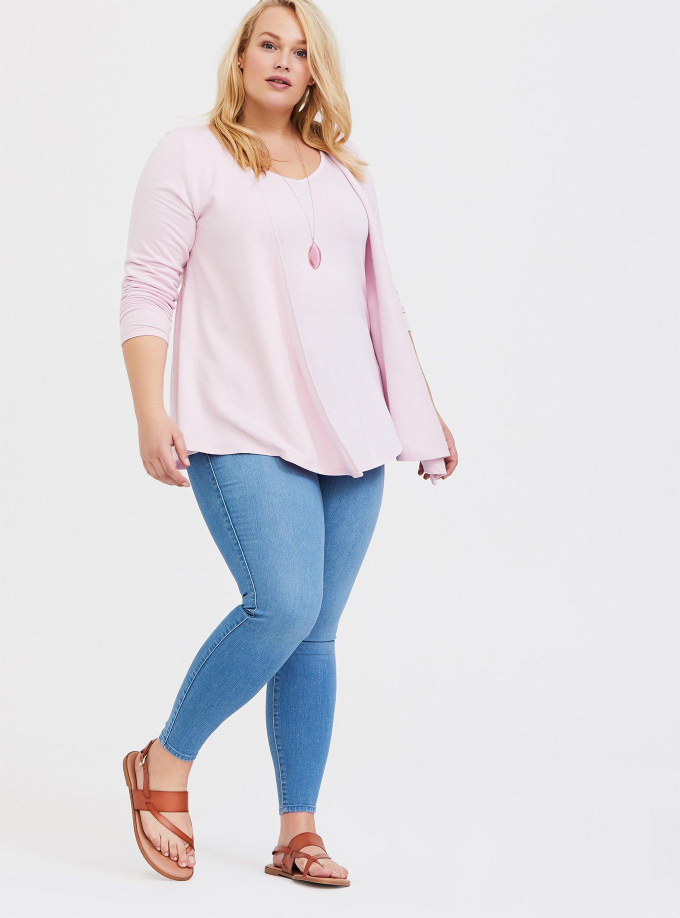 Plus Size Super Soft Fleece Pink Open Front Babydoll Cardigan, LILAC SNOW, alternate