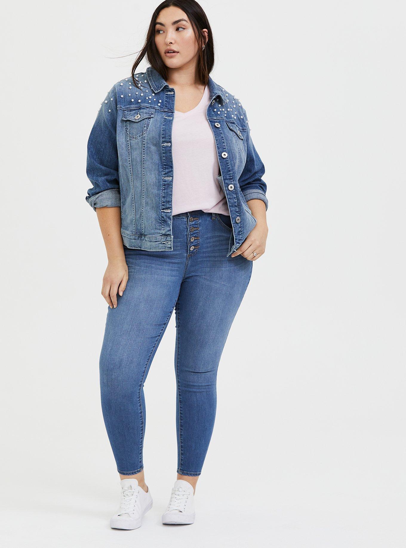 Plus size denim jacket hotsell with pearls