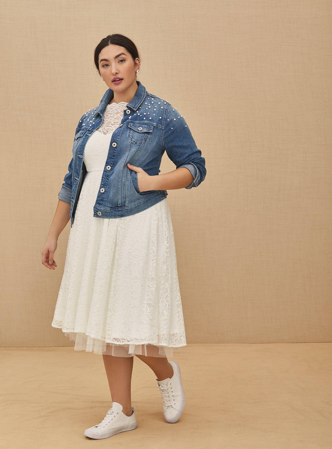 Wifey Embroidered Faux Pearl Denim Jacket - Medium Wash , MEDIUM WASHED DENIM, alternate