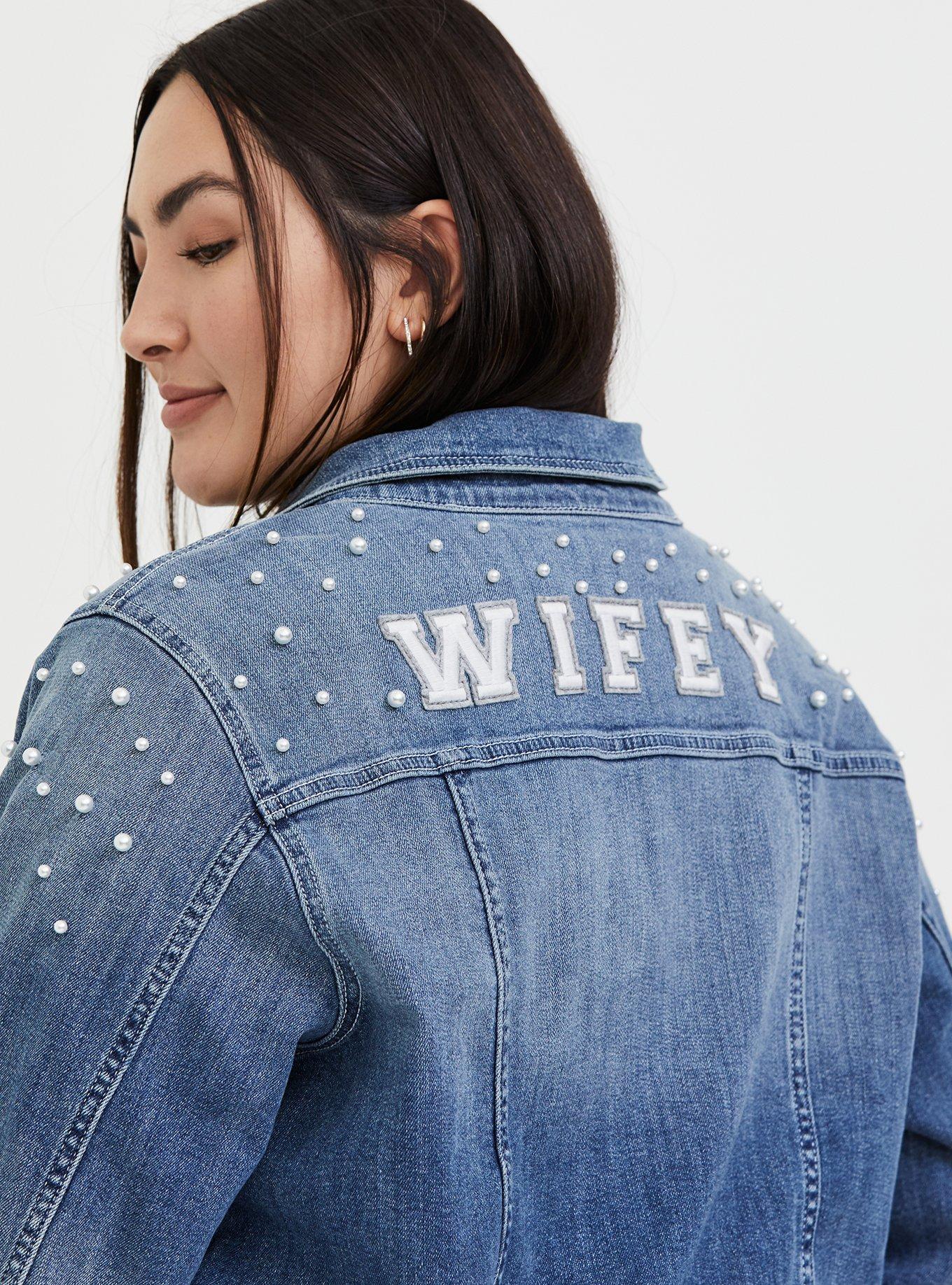 Plus Size Wifey Embroidered Faux Pearl Denim Jacket Medium