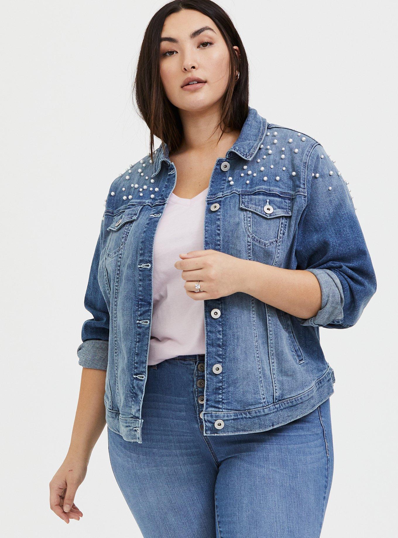 Plus Size Wifey Embroidered Faux Pearl Denim Jacket Medium Wash Torrid
