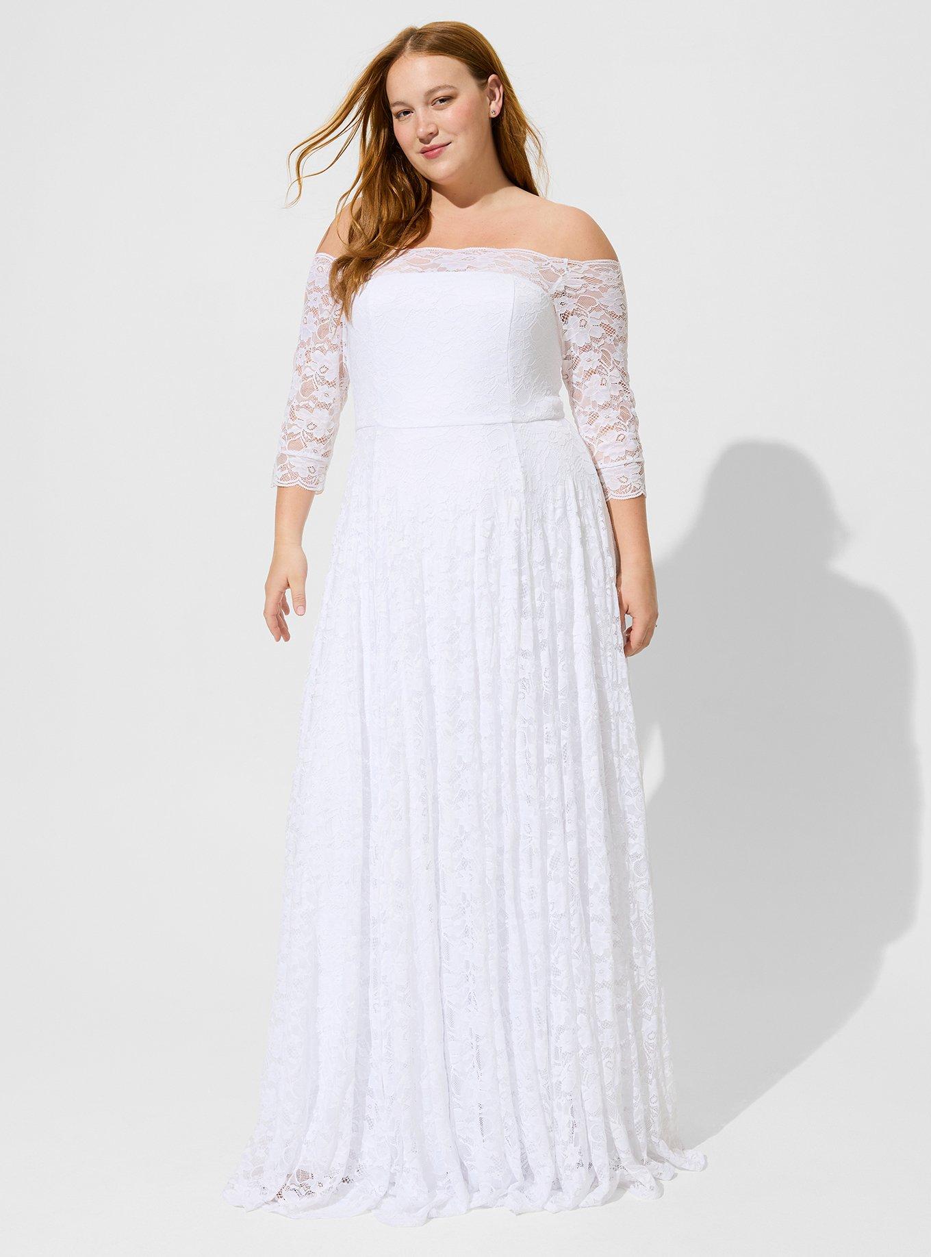 Plus Size - White Lace Off Shoulder A-Line Wedding Dress - Torrid
