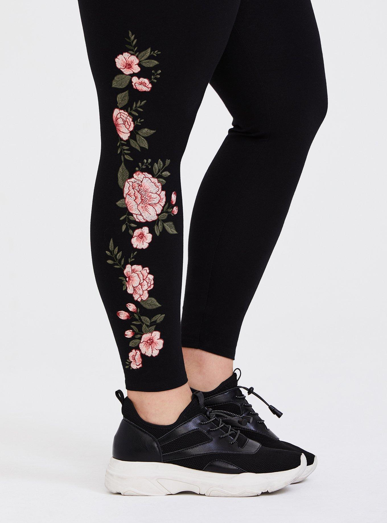 Plus Size Crop Premium Legging Embroidered Floral Black Torrid