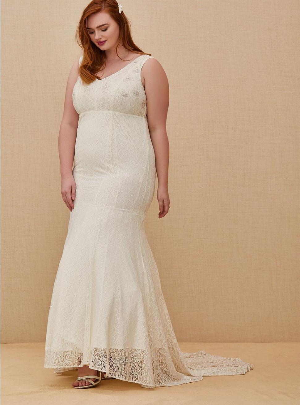 Plus Size - Ivory Lace Beaded Sleeveless Mermaid Wedding Dress
