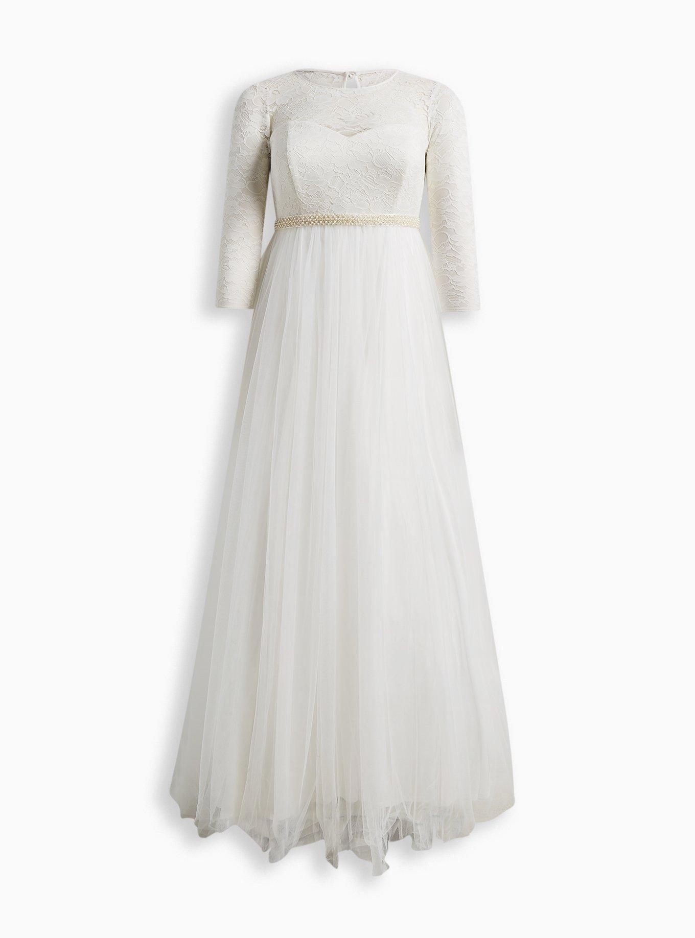 Plus Size - Ivory Lace & Tulle Beaded Sash A-Line Wedding Dress - Torrid