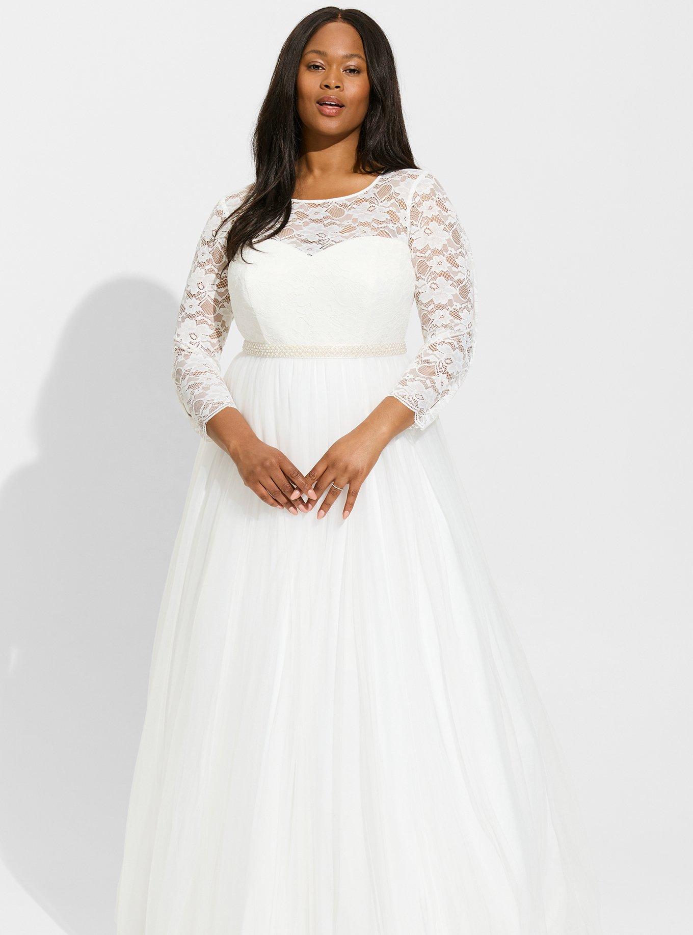 Plus Size - Ivory Lace & Tulle Beaded Sash A-Line Wedding Dress