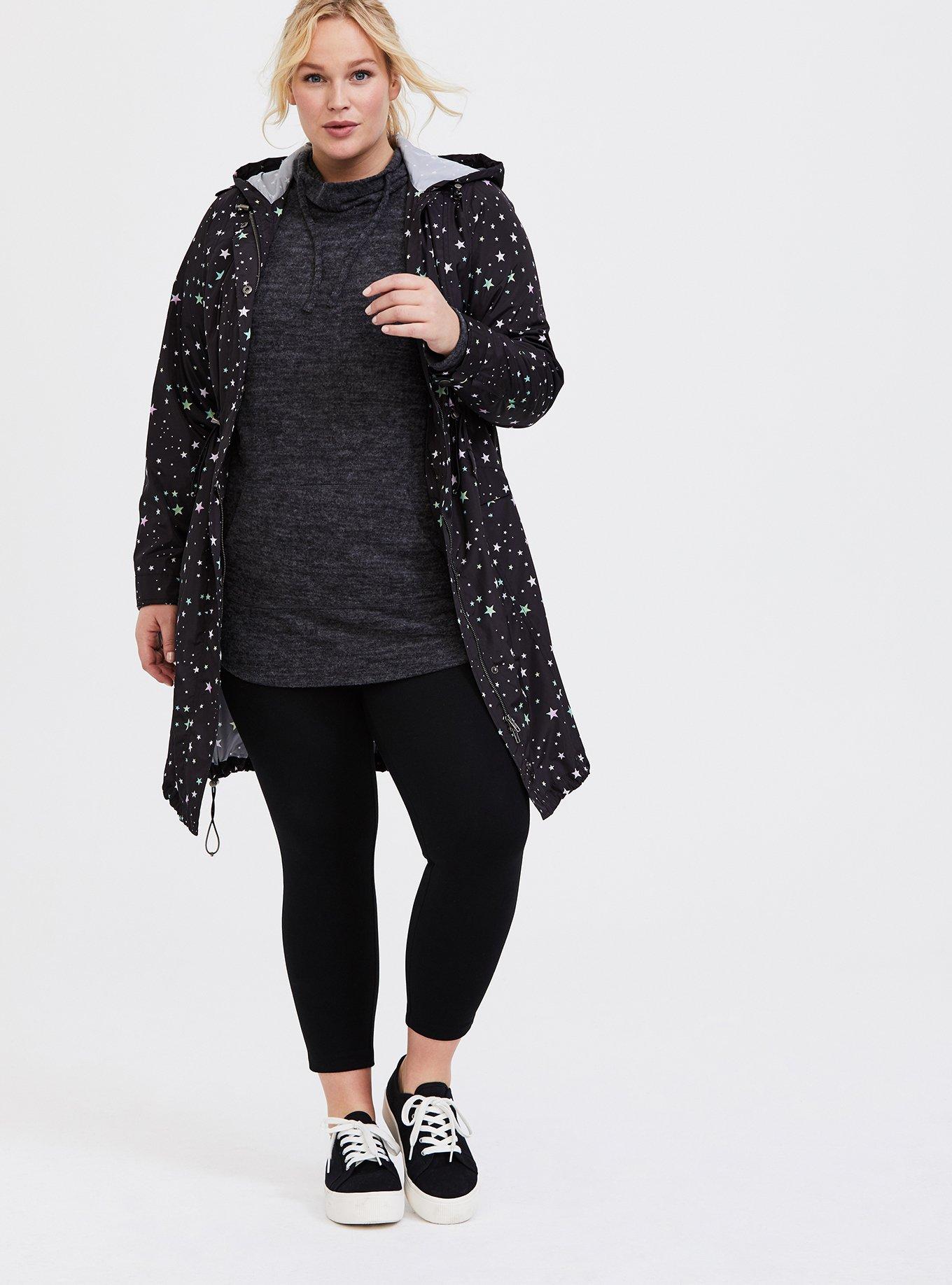 Plus Size - Black Star Nylon Hooded Longline Rain Jacket - Torrid