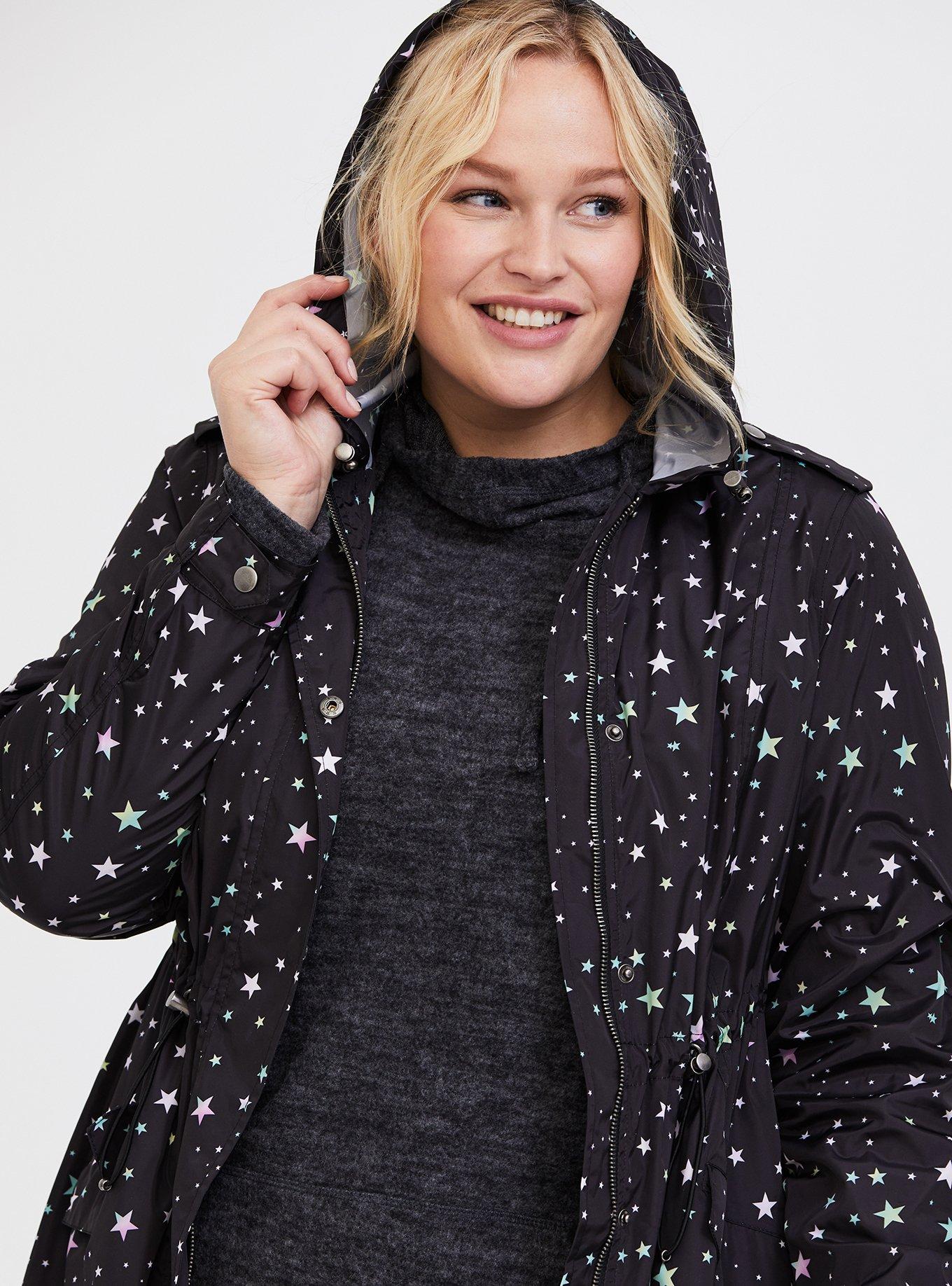 Plus Size - Black Star Nylon Hooded Longline Rain Jacket - Torrid