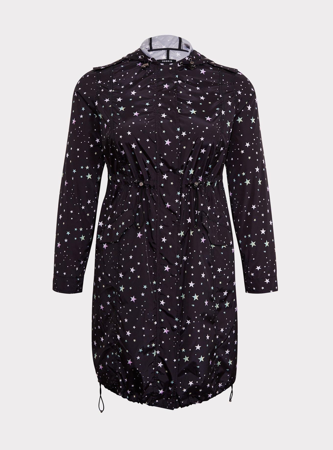 Plus Size Black Star Nylon Hooded Longline Rain Jacket, , hi-res