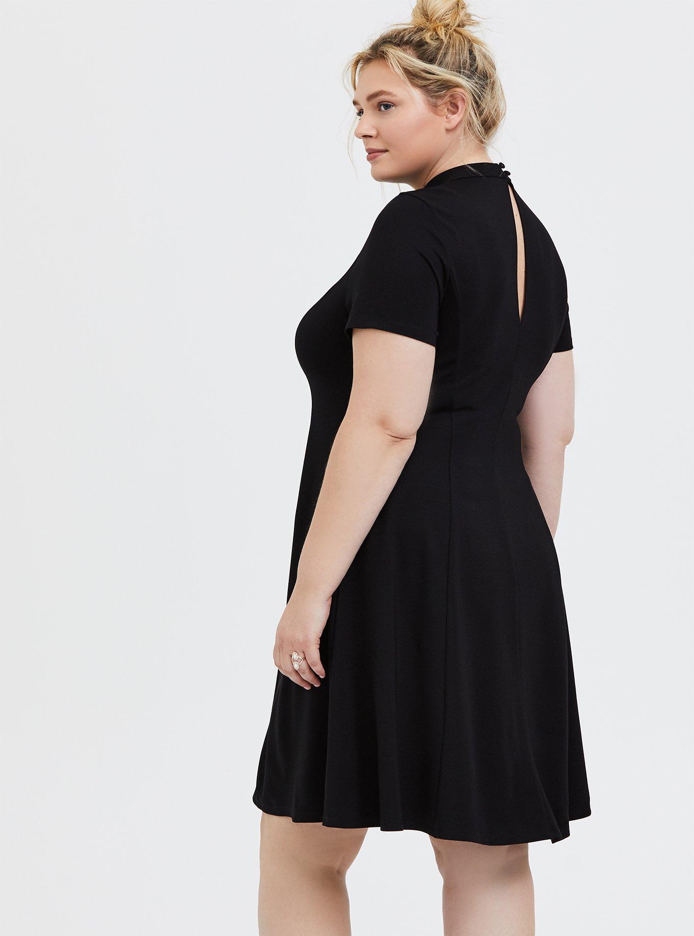 Plus Size - Black Ponte Mock Neck Fluted Mini Dress - Torrid