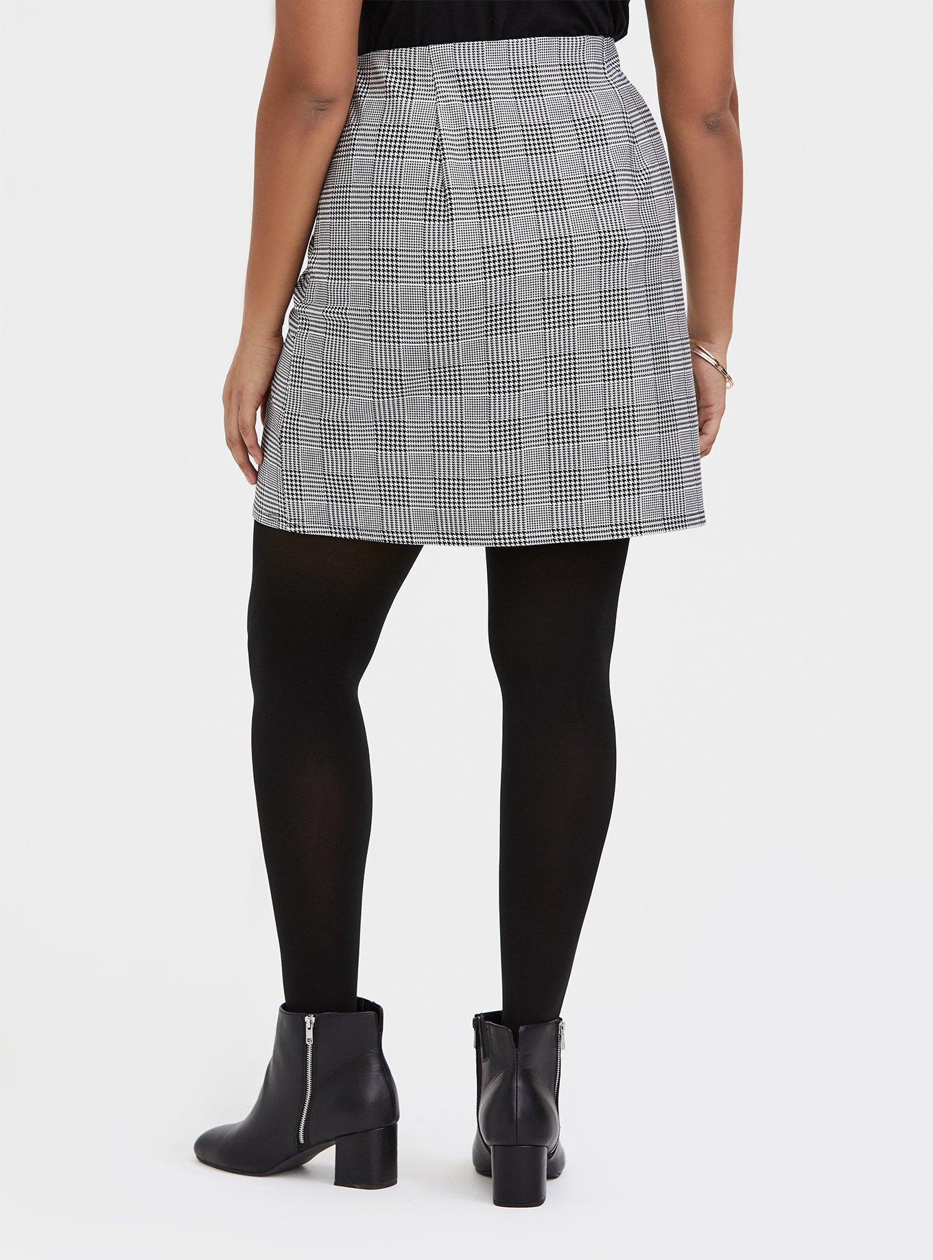 Black & White Houndstooth Plaid Premium Ponte Mini Skirt, PLAID WHITE, alternate