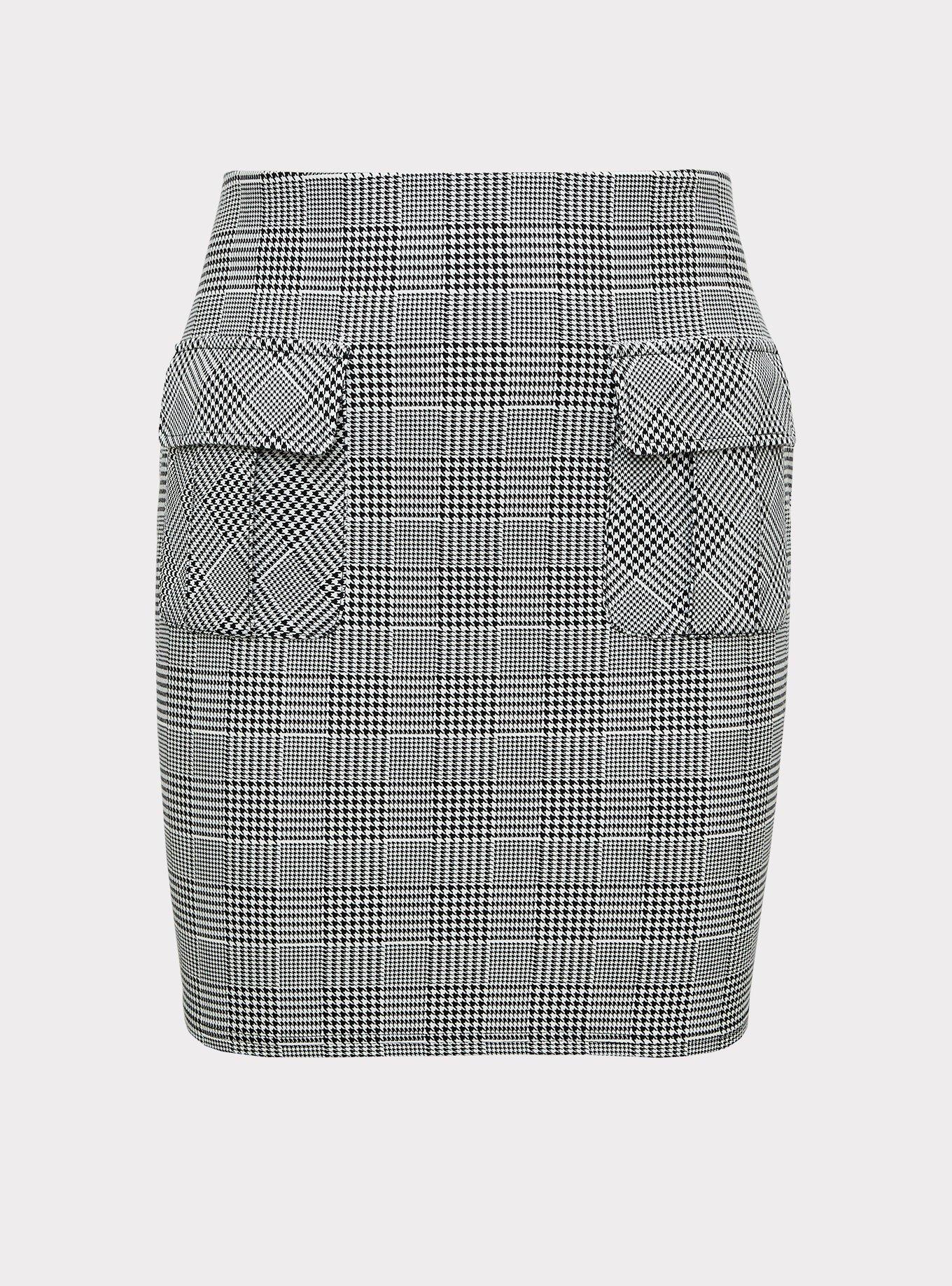 Black & White Houndstooth Plaid Premium Ponte Mini Skirt, PLAID WHITE, hi-res