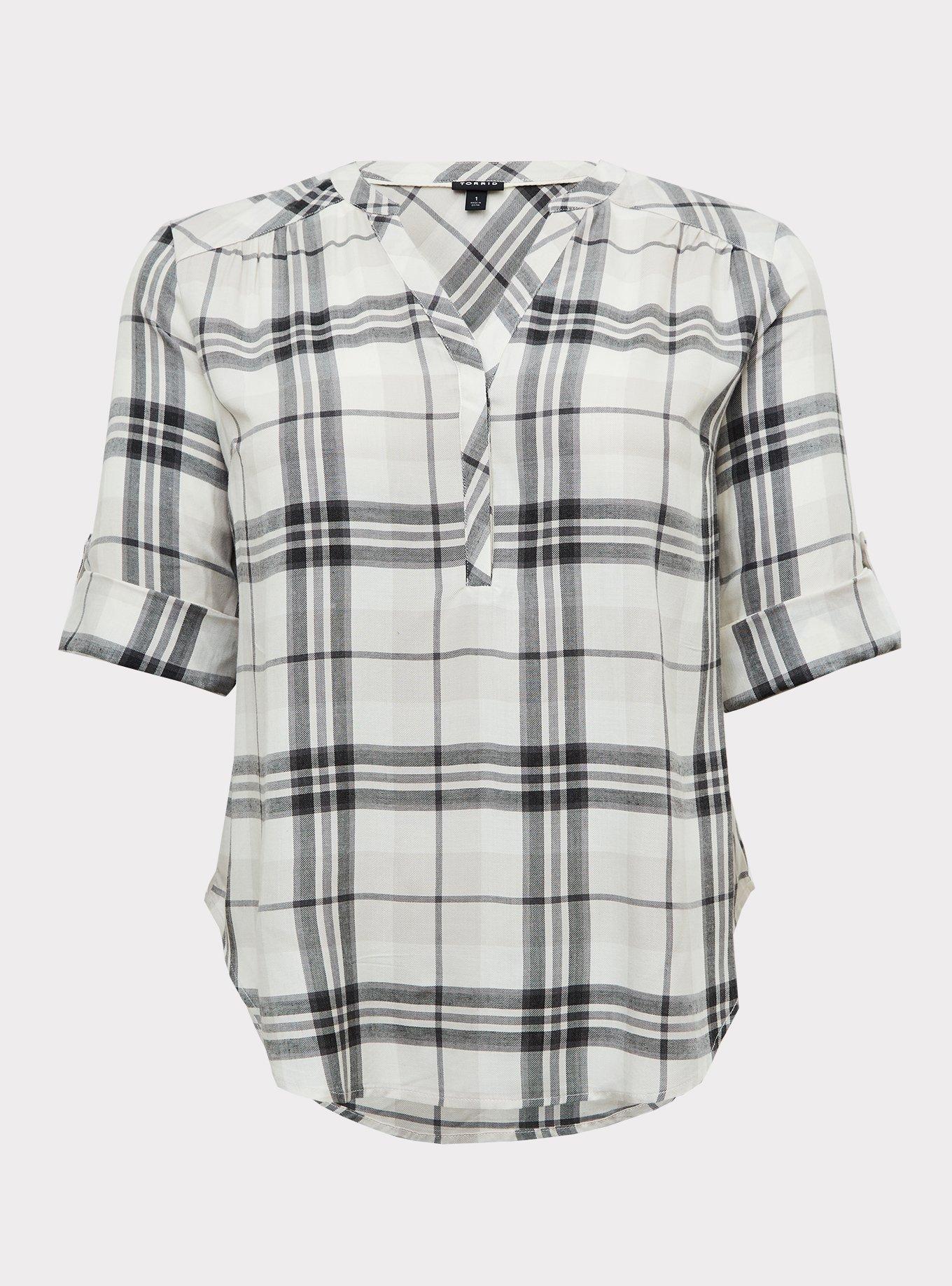 Plus Size - Harper - Ivory Plaid Twill Wash & Wear Pullover Blouse - Torrid