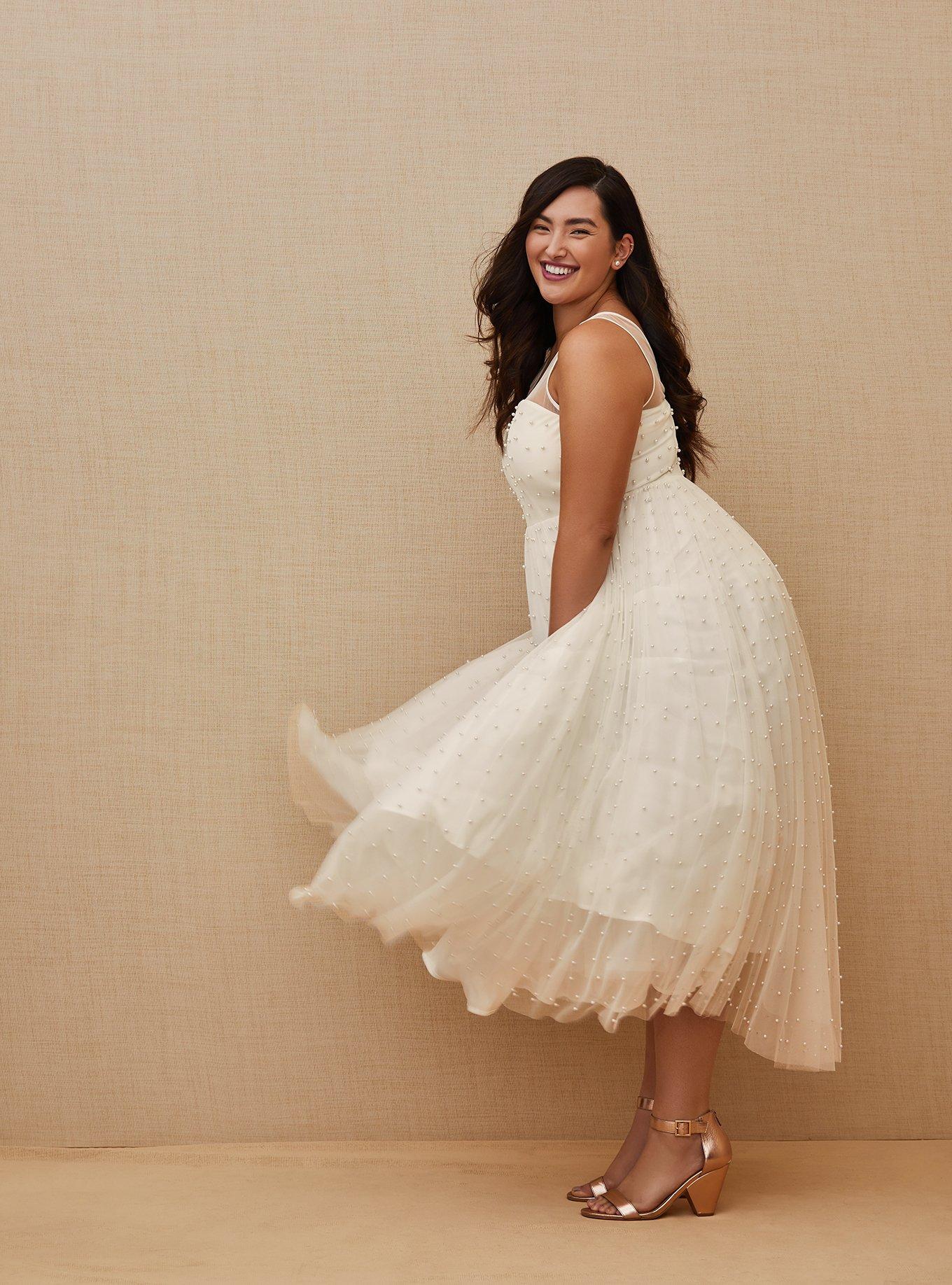 Ivory Mesh Faux Pearl Tea-Length Wedding Dress, , hi-res