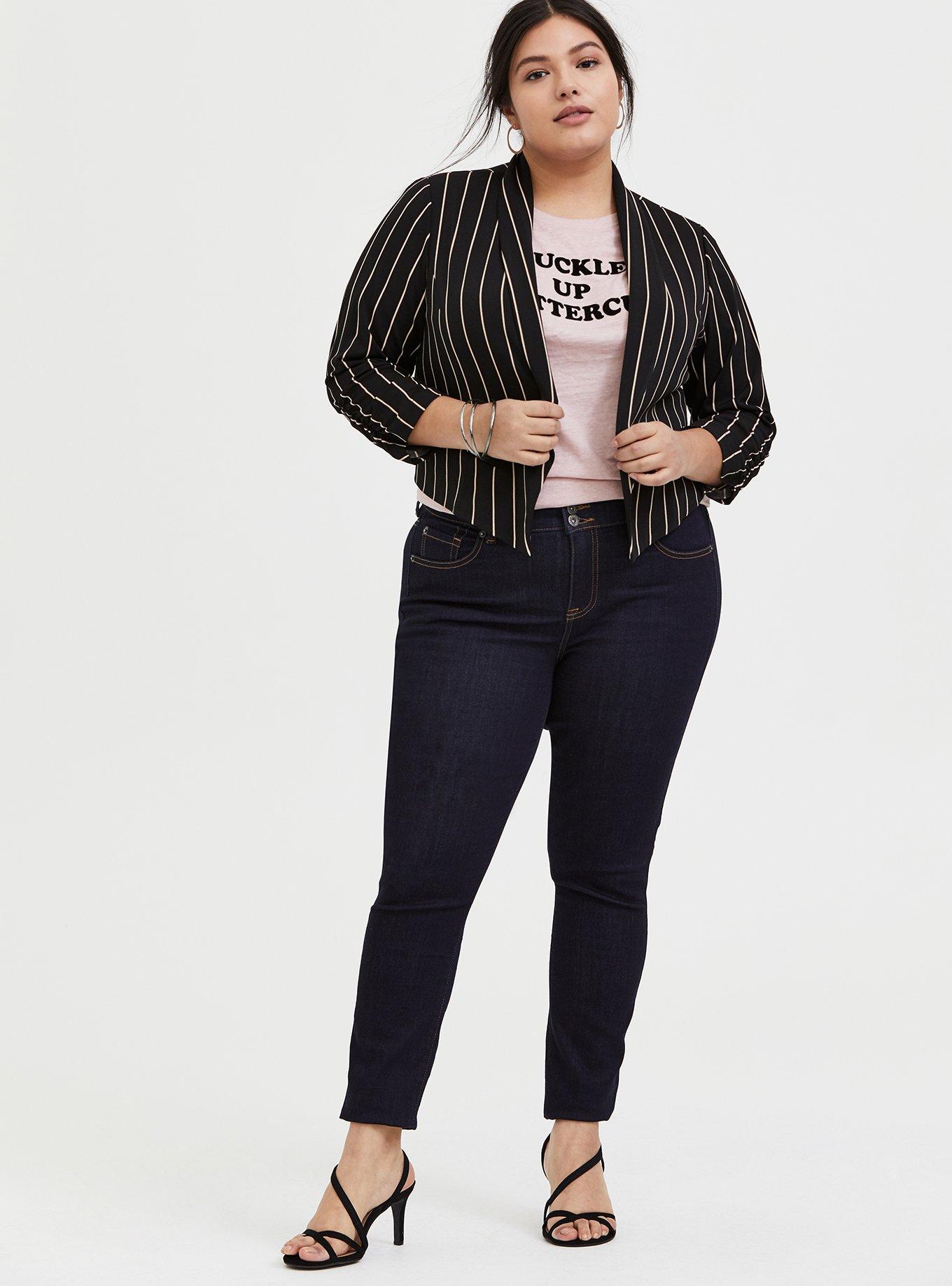 Black Stripe Crepe Open Front Blazer, DEEP BLACK, alternate