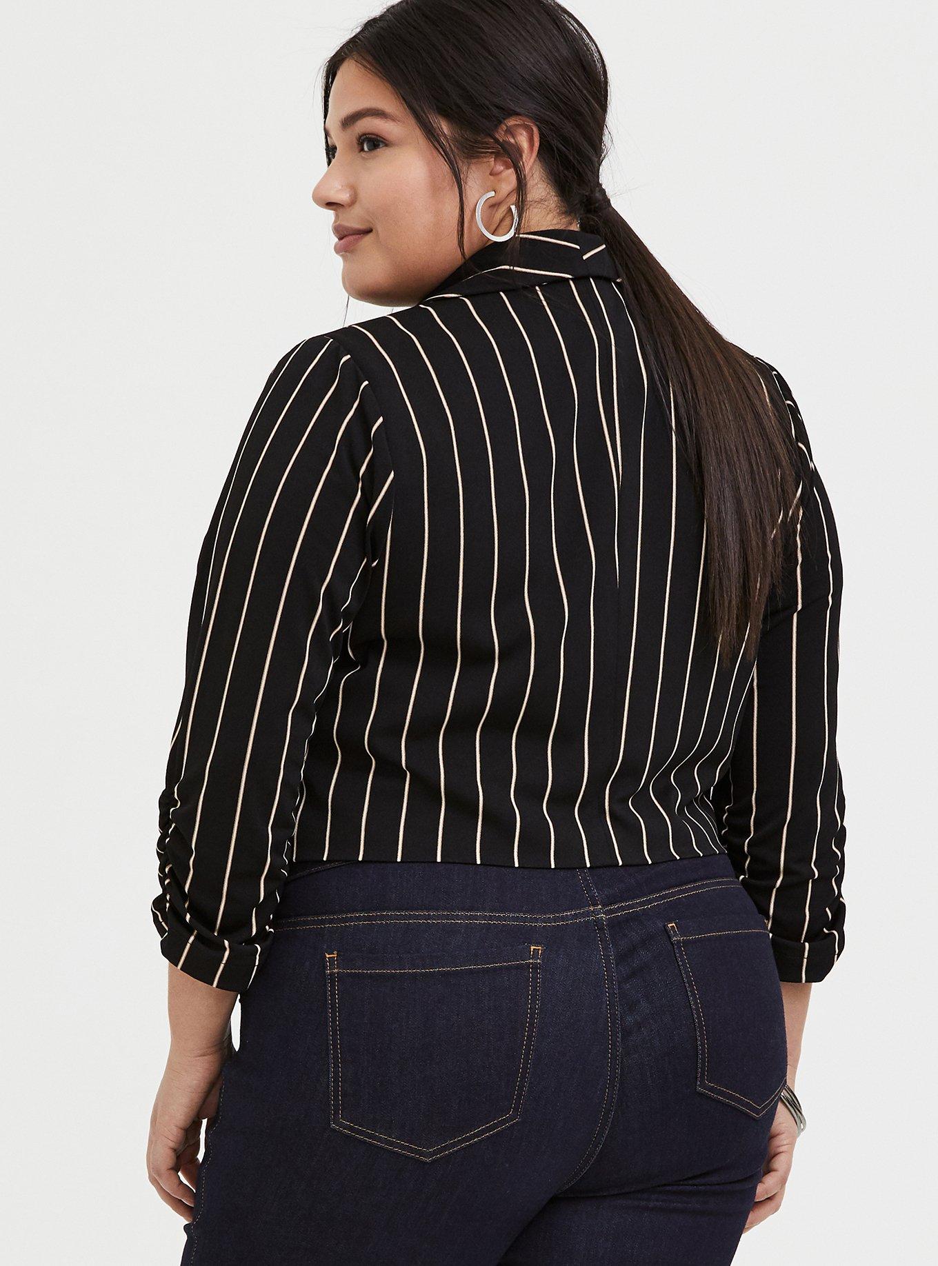 Black Stripe Crepe Open Front Blazer, DEEP BLACK, alternate
