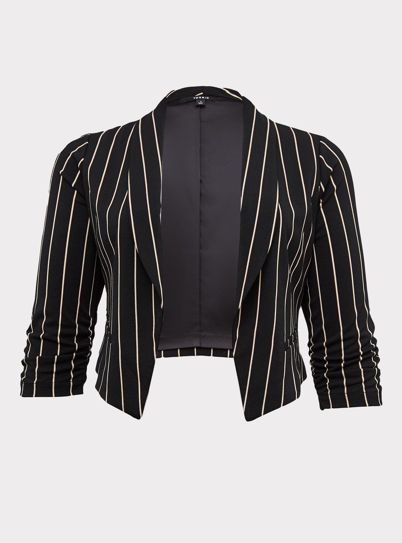 Plus Size Black Stripe Crepe Open Front Blazer, , hi-res