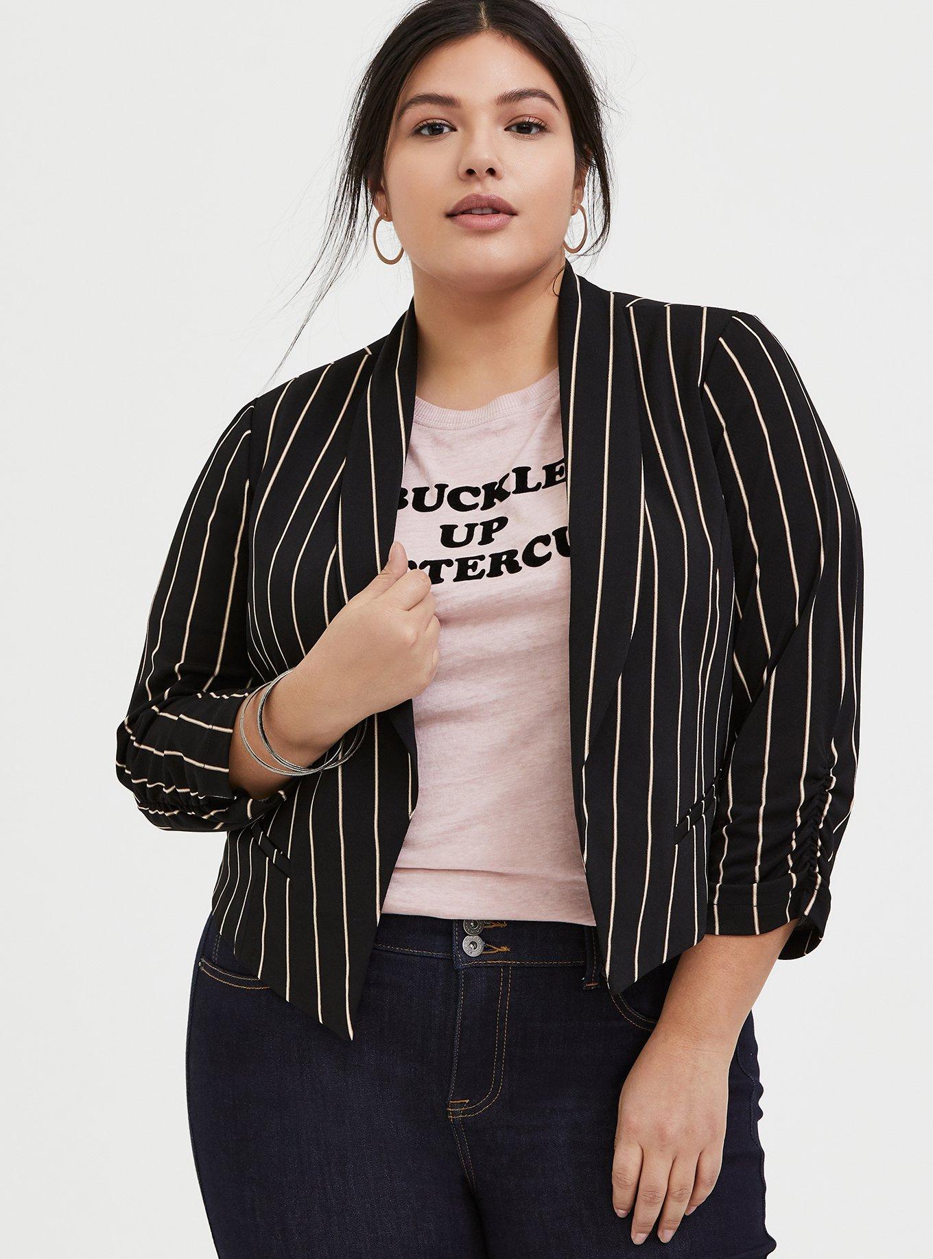 Plus Size Black Stripe Crepe Open Front Blazer, , hi-res