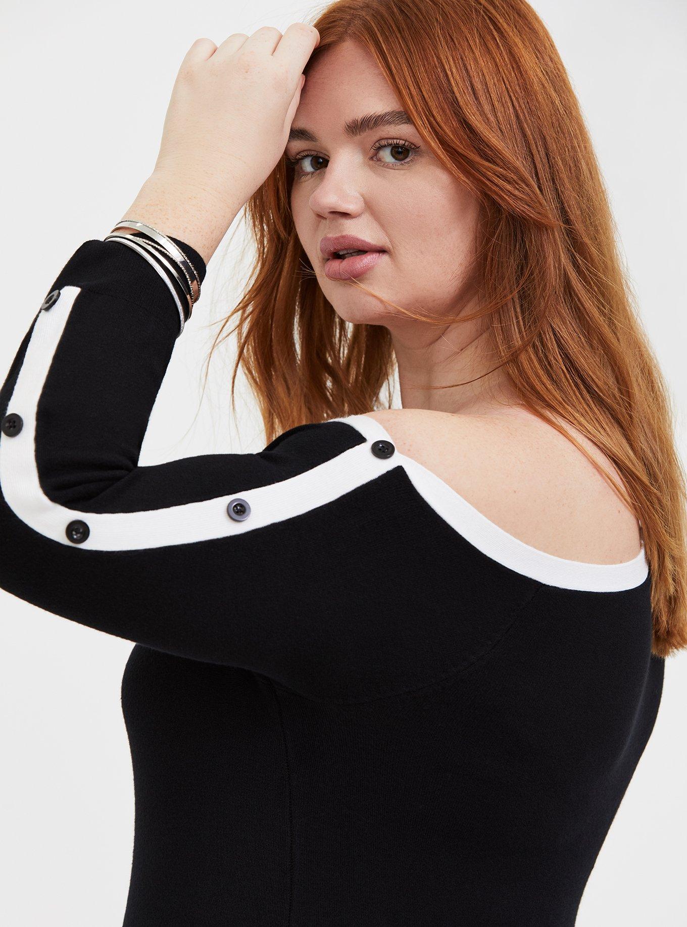 Black & White Off Shoulder Button Sleeve Dress, DEEP BLACK, alternate